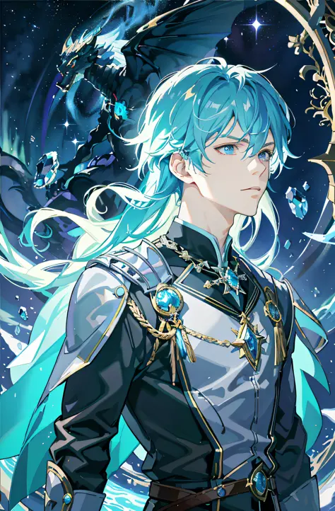 anime character with blue hair and blue eyes standing in front of a dragon, beautiful androgynous prince, keqing from genshin impact, key anime art, detailed key anime art, shadowverse style, trending on artstation pixiv, highly detailed exquisite fanart, ...