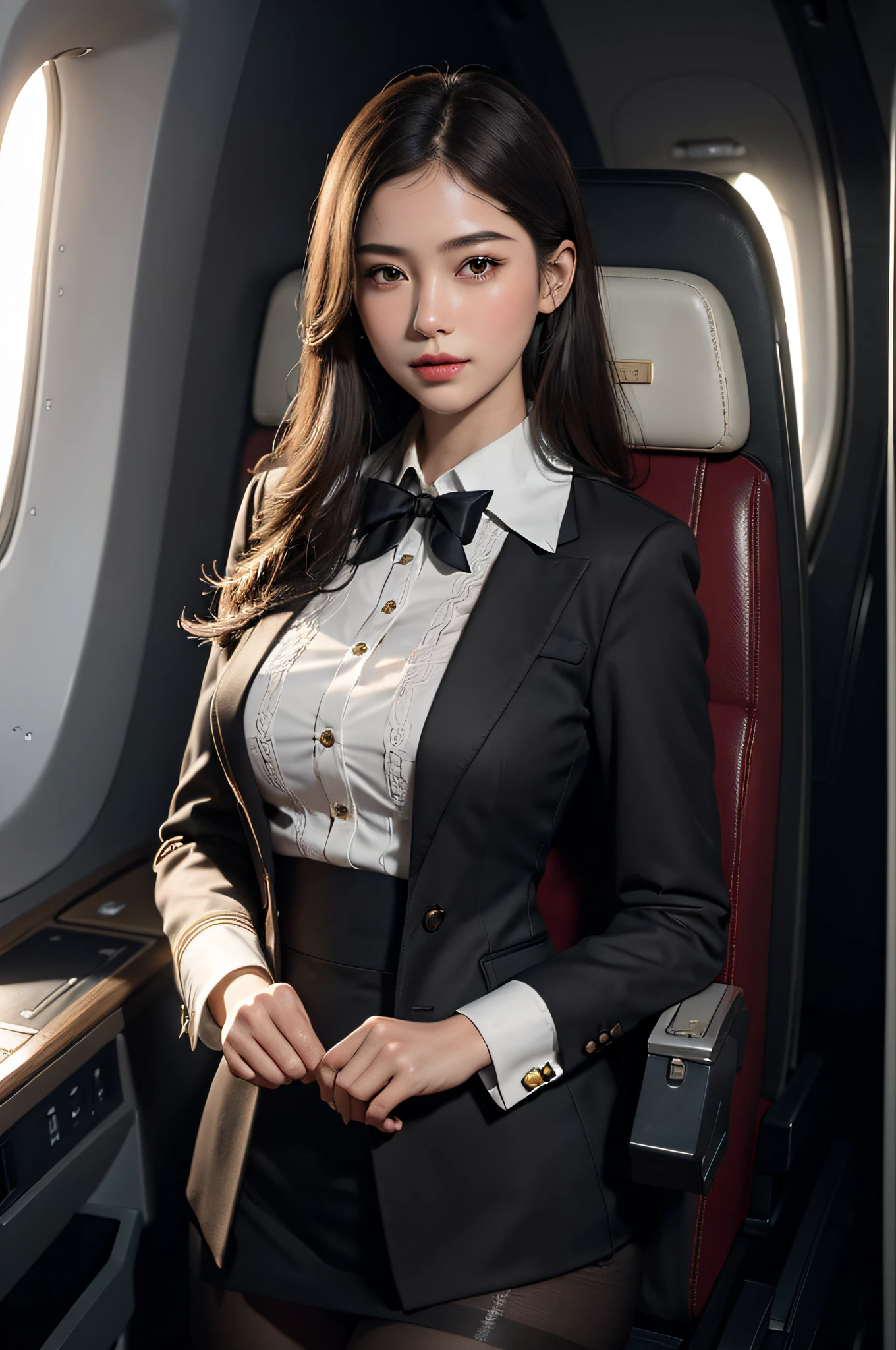 best quality, masterpiece, 8k, ultra high res, (photorealistic:1.4), highly detailed, intricate detail, delicate and beautiful, good lighting, professional lighting, sharp focus, detailed shadows, exquisite details and textures, depth of field, unity 8k wallpaper, cinematic composition, cinematic lighting, official art, Cabin Crew, flight attendant, black pantyhose, (aircraft, (Aircraft Corridor), Aircraft seats) beautiful elegant face, detailed face, detailed eyes, realistic hair, long hair, (1girl), (standing:1.3),