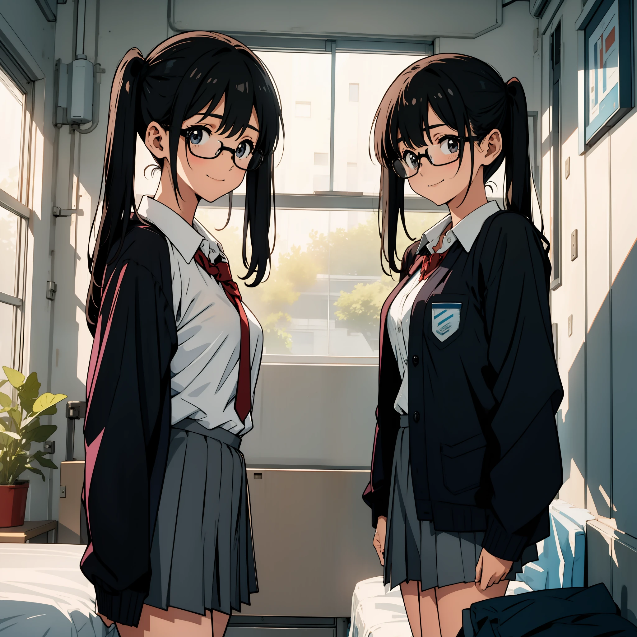 School uniform, wet and see-through, underwear, no jacket, cute bra, falling on the bed, showing off crotch, hands on the crotch, clear liquid leaking from the crotch, cute underwear, long bangs, dimly lit warehouse, smiling girl, 16 years old, big breasts, black hair pigtails, patsun, black hair, brooding, glasses, chubby,, red cheeks,