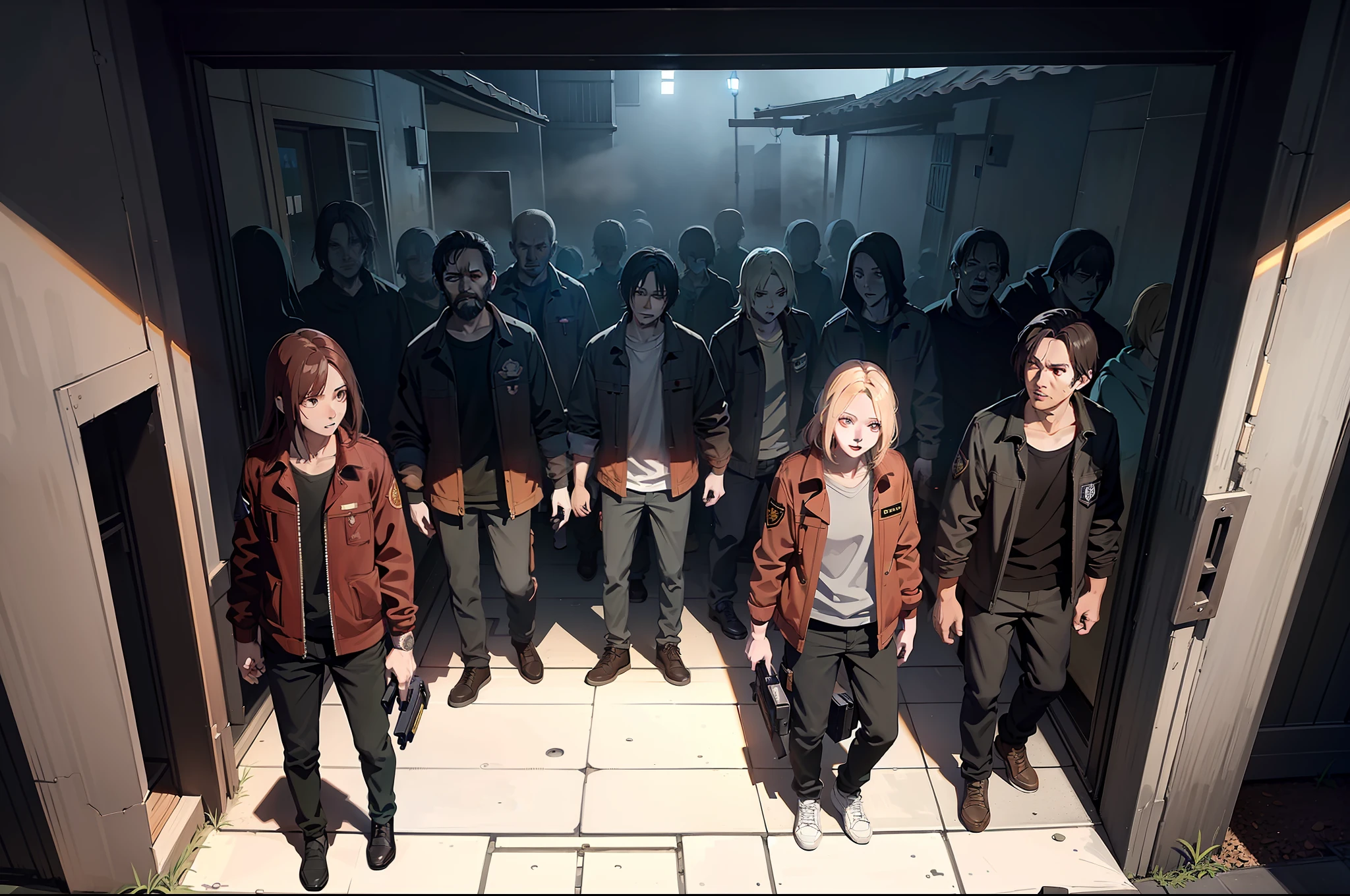 Background inside an alley, aerial overhead view, a group of zombies, knocking on the door of a house, modern, anime style, chiaroscuro, ray tracing, UHD, masterpiece, ccurate, high detail, best quality, 1080P, 16k