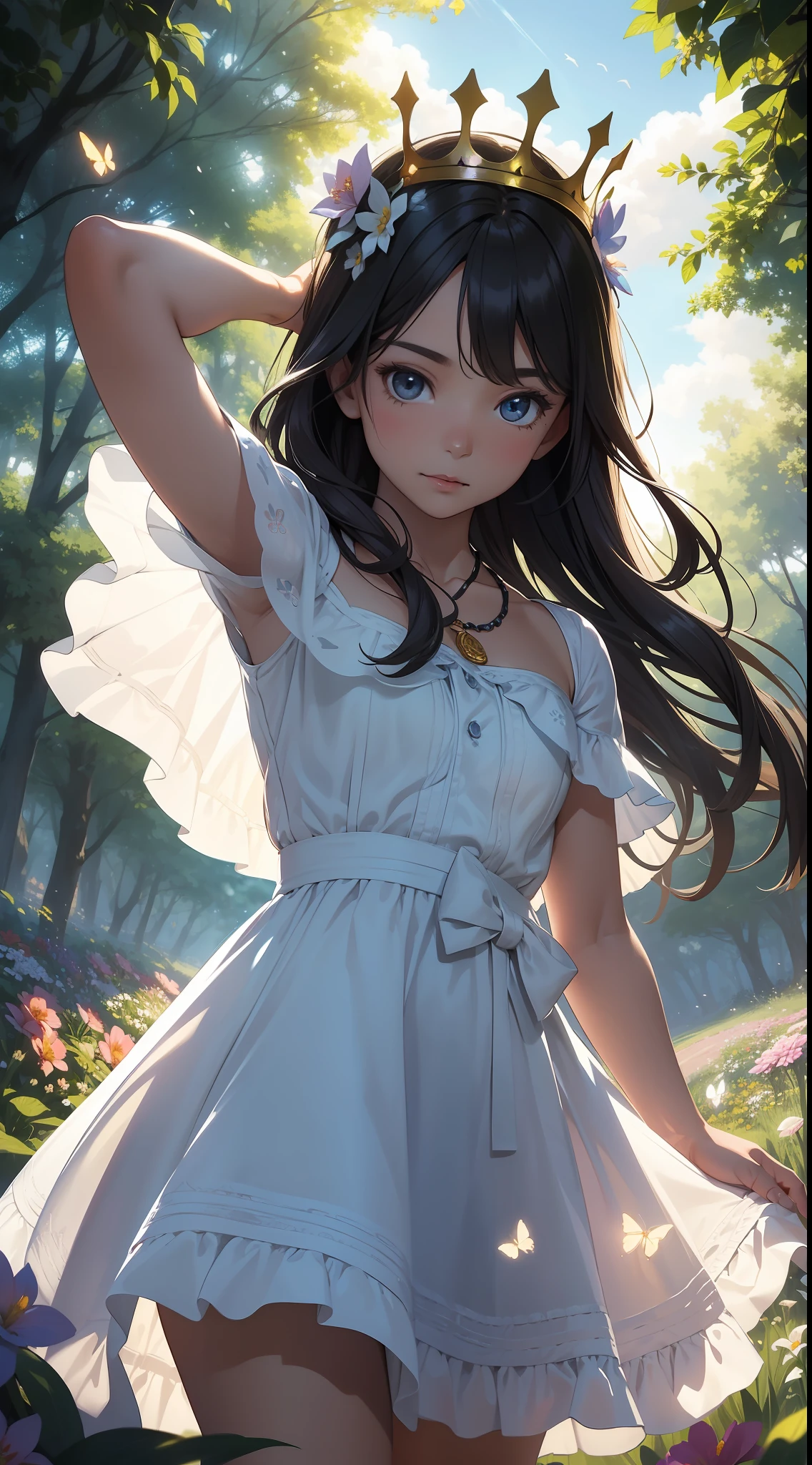 ((SFW)),Masterpiece, High Quality, ((Photoreal))), Cinematic Direction, (High Contrast), Depth of Field, (Award-winning Difference Photo), Face Details, Detailed Drawing, There is a place in the forest where flowers bloom, Girl dancing in a snow-white summer dress in that flower field, Girl is 11 years old, Very long hair with black hair, Summer sky, Summer clouds, Summer dazzling sunlight, Flower garden, Girl with open arms, necklace, crown of flowers, butterfly, fluttering petals, dynamic movement, dance,