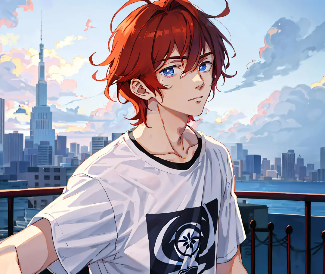 Anime - style image of a young man with dark red hair and blue eyes, dark red - anime boy with hair, tall anime man with blue ey...