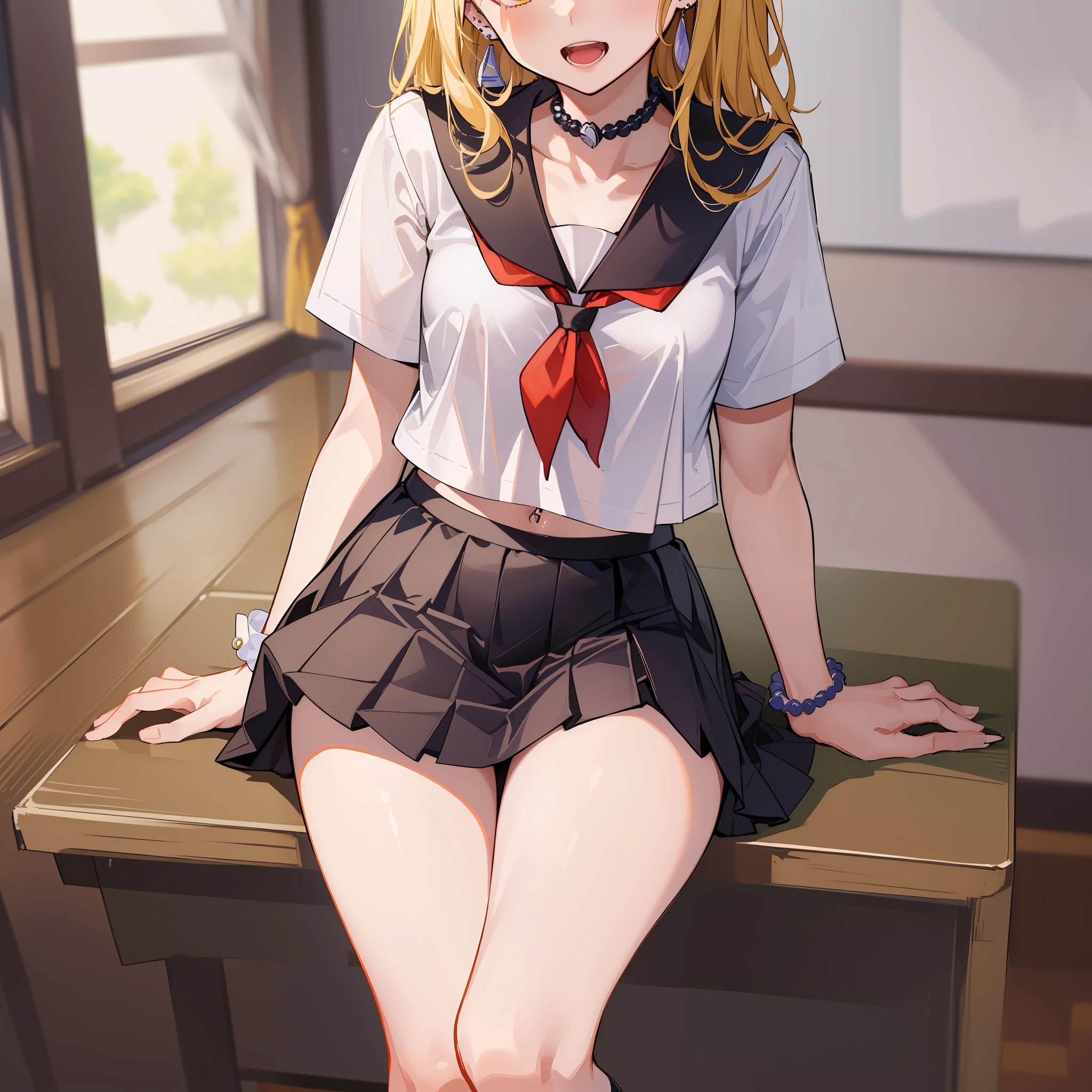 (名傌), (((Best Quality)), (Super Detail), 1 Girl, Blonde Straight Hair, School, Classroom, Open Legs on Desk, Blue White Panties, Peace Sign, Pubic Hair, Yellow Eyes, 15 Years Old, Skinny Legs, , Skirt, Red Eye, Piercings, Earrings, Earrings, Stud Earrings, Black Choker, Loose Tie, Socks, Serafuk, neckerchief, Sailor Collar, pleated skirt, white socks, black skirt, short sleeve, shirt, white shirt, black sailor collar, blue neckerchief, beaded bracelet, wrist scrunchie, long nails, open mouth, smile, bangs, small breasts, cleavage, perfect hands, hand detail, fixed fingers, looking_al_Viewer, top quality, rich detail, perfect image quality,