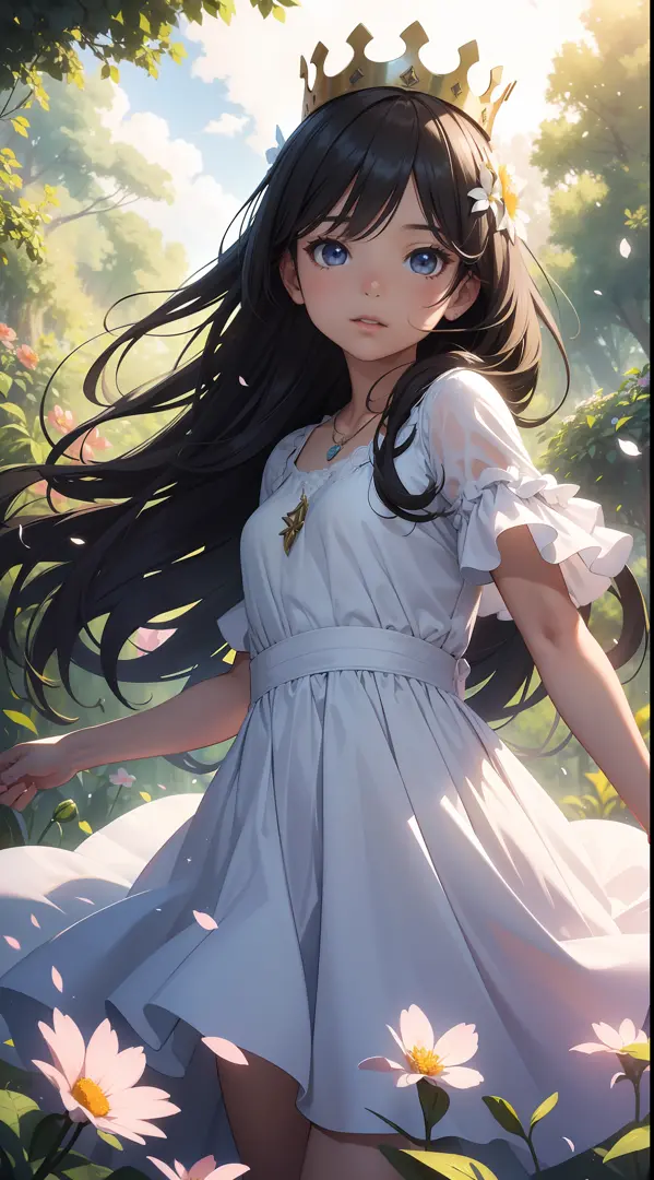 ((SFW)),Masterpiece, High Quality, ((Photoreal))), Cinematic Direction, (High Contrast), Depth of Field, (Award-winning Difference Photo), Face Details, Detailed Drawing, There is a place in the forest where flowers bloom, Girl dancing in a snow-white summ...