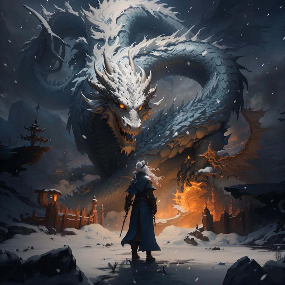 In front of the dragon in the snow stands a maiden with a long sword, epic fantasy digital art style, epic fantasy illustration, epic fantasy art style, 4K fantasy art, concept art wallpaper 4K, digital 2D fantasy art, detailed digital 2D fantasy art, batt...