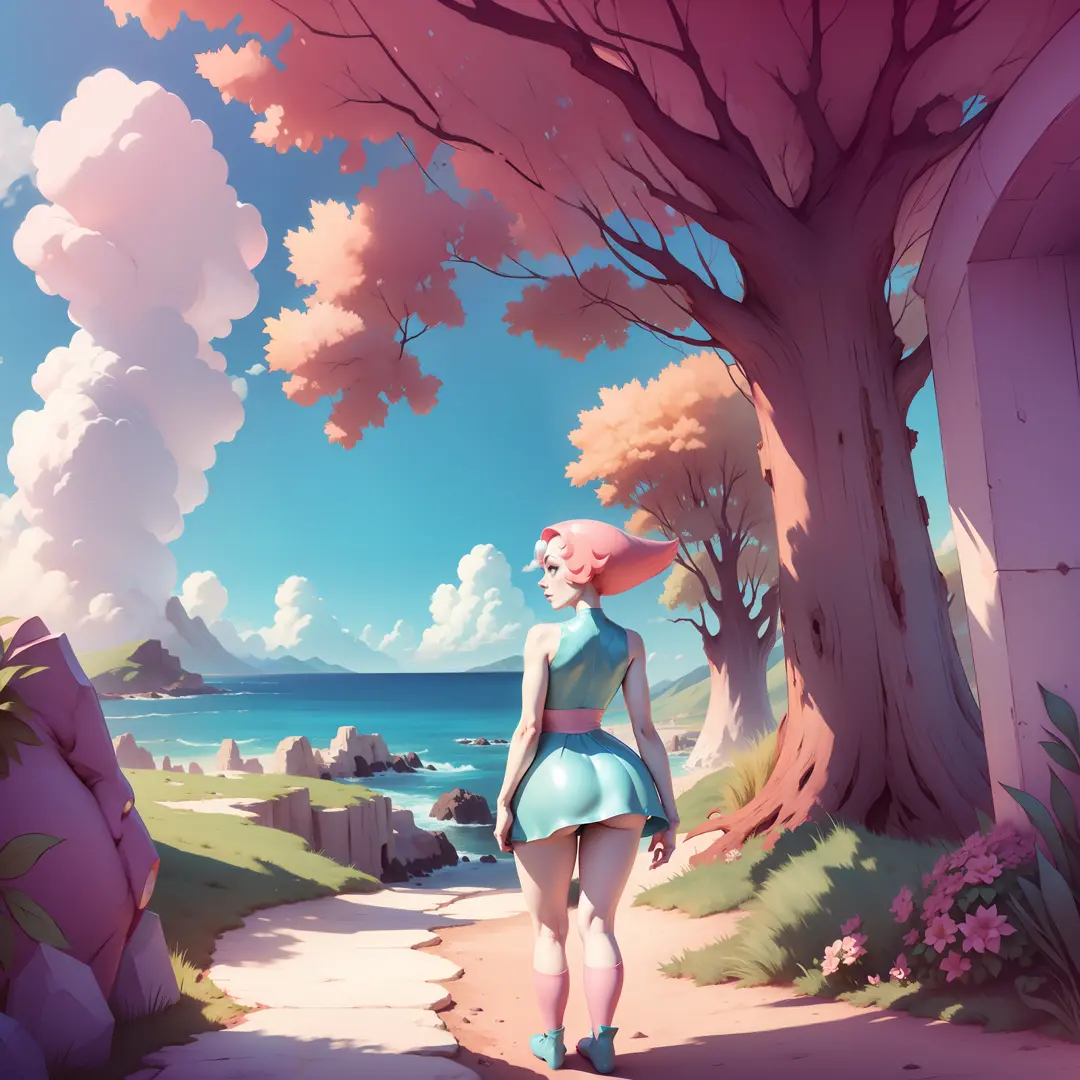 pearl, pink hair, female, gem forehead, dress, view from behind, ass cheeks