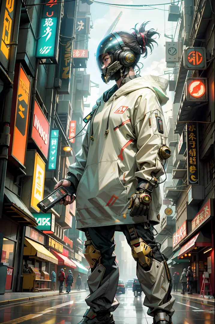 (masterpiece, full-body shot, intrincate raw photography)cyberpunk citizen in samurai pineapple pattern oversize hoodie, anime, ...