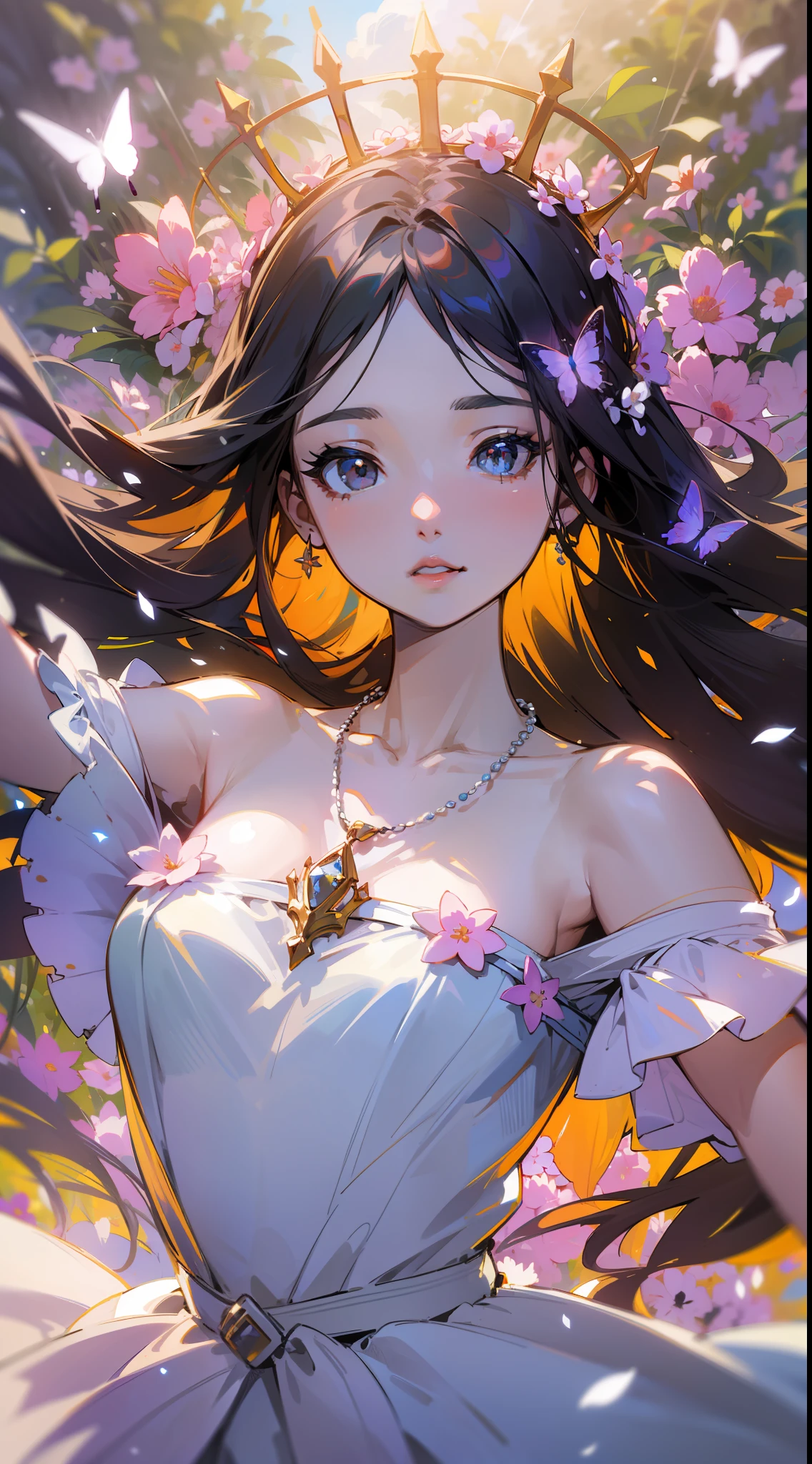 ((SFW)),Masterpiece, High Quality, ((Photoreal))), Cinematic Direction, (High Contrast), Depth of Field, (Award-winning Difference Photo), Face Details, Detailed Drawing, There is a place in the forest where flowers bloom, Girl dancing in a snow-white summer dress in that flower field, Girl is 11 years old, Very long hair with black hair, Summer sky, Summer clouds, Summer dazzling sunlight, Flower garden, Girl with open arms, necklace, crown of flowers, butterfly, fluttering petals, dynamic movement, dance,