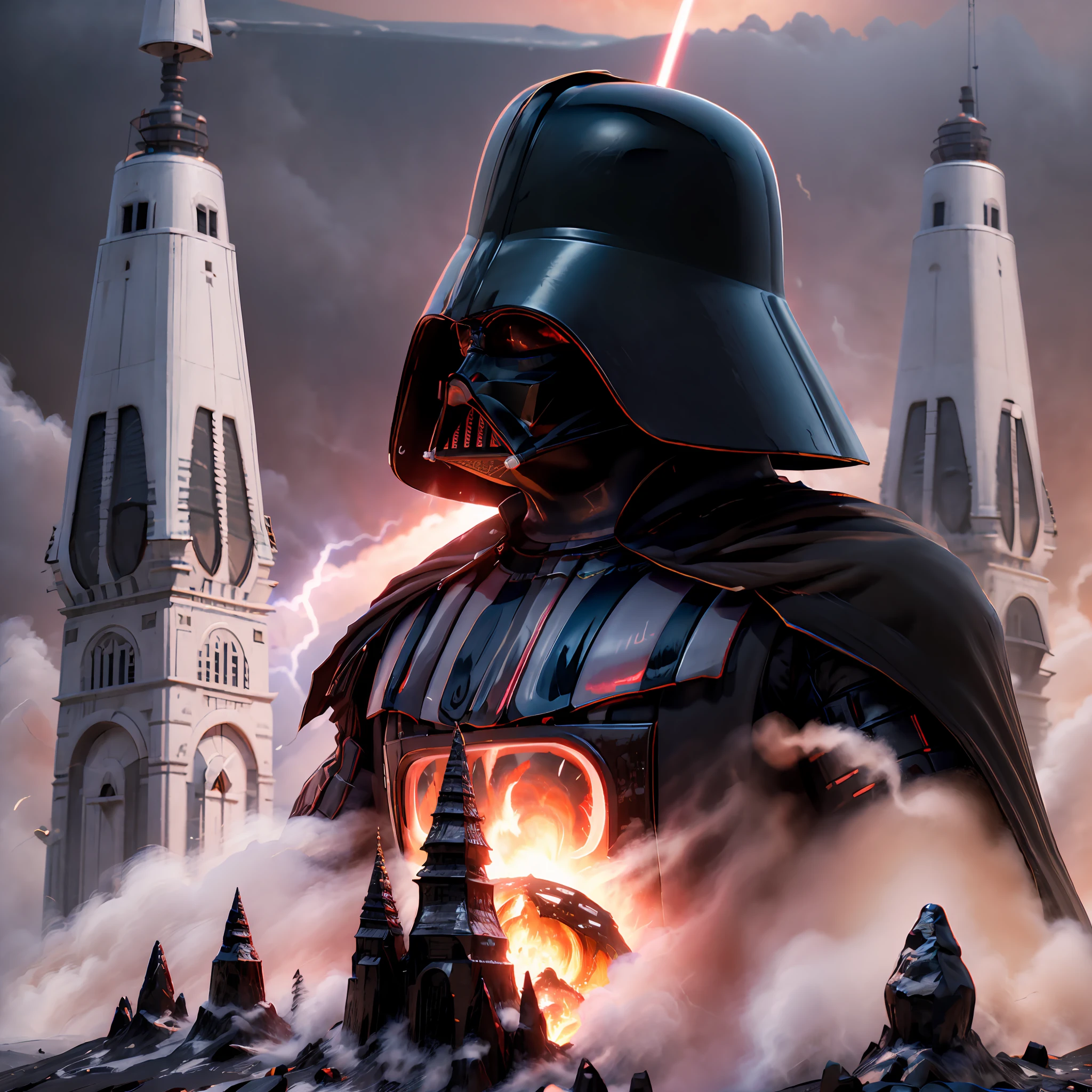 (masterpiece, high resolution:1.3), Darth Vader, arms crossed, observing an erupting volcano, imposing presence, dark and intimidating figure, billowing black cape, iconic helmet and mask, intense gaze fixed upon the fiery spectacle, dramatic lighting, smoky atmosphere, volcanic ashes swirling around, cinematic composition, post-processing effects. With the use of depth of field (DOF), super-resolution, and high megapixel rendering, every element comes to life with cinematic lightning and anti-aliasing techniques like FKAA, TXAA, and RTX. The addition of SSAO (Screen Space Ambient Occlusion) and various post-processing effects in both post-production and tone mapping elevate the visual quality to a whole new level. With the use of depth of field (DOF), super-resolution, and high megapixel rendering, every element comes to life with cinematic lightning and anti-aliasing techniques like FKAA, TXAA, and RTX. The addition of SSAO (Screen Space Ambient Occlusion) and various post-processing effects in both post-production and tone mapping elevate the visual quality to a whole new level.