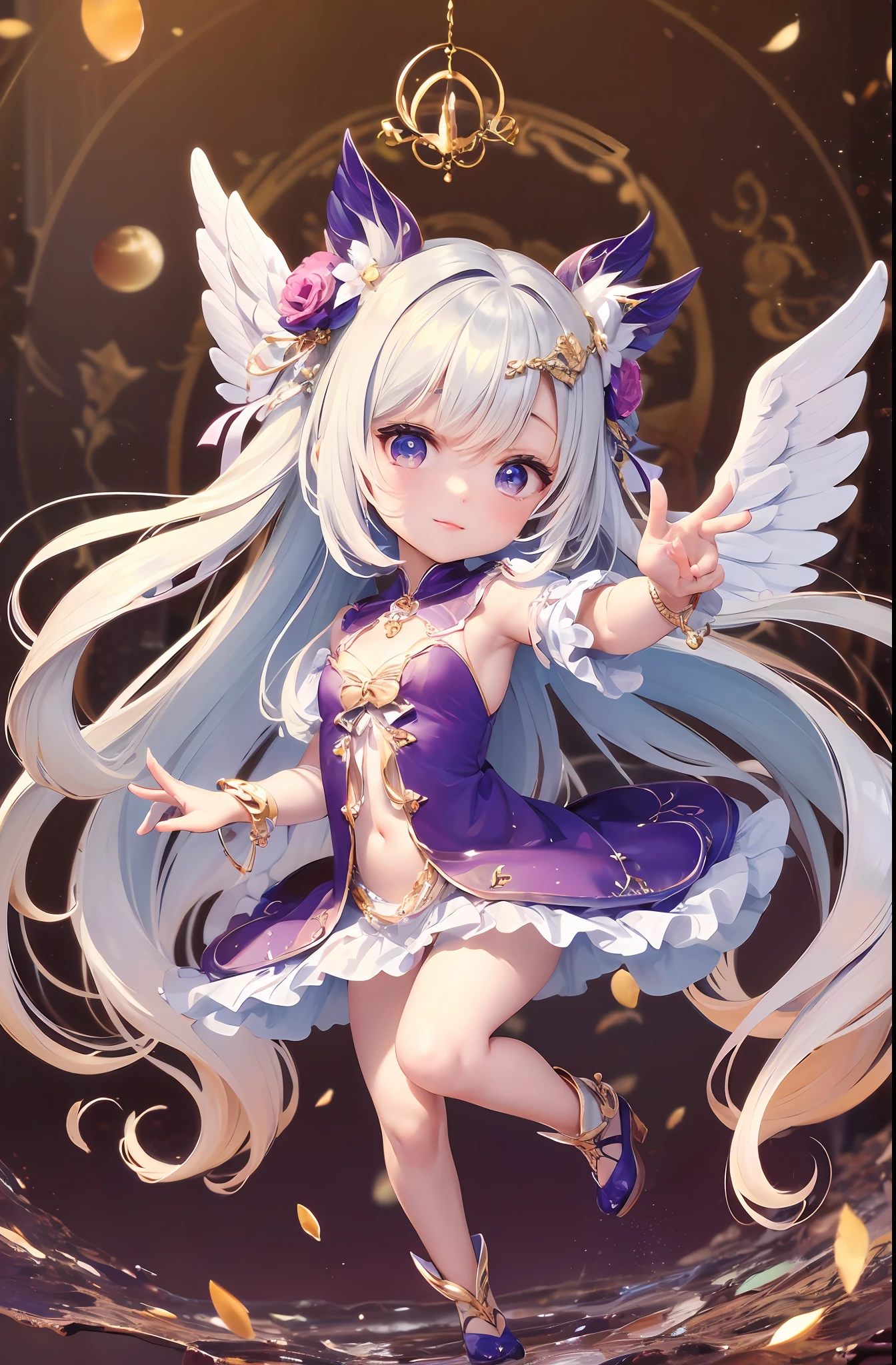 (Chibi: 1.3), (Masterpiece: 1.4), (Best Quality: 1.4), (Very cute angel girl, super detailed face, jewel-like eyes, white very long hair, colorful gradient hair: 1.4), (Angel Ring:
1.4), (Angel Wings: 1.4), (Full body, perfect 2 arms, perfect 2 legs: 1.4), (Perfect 4 fingers: 1 thumb), light, shine, bokeh, super fine