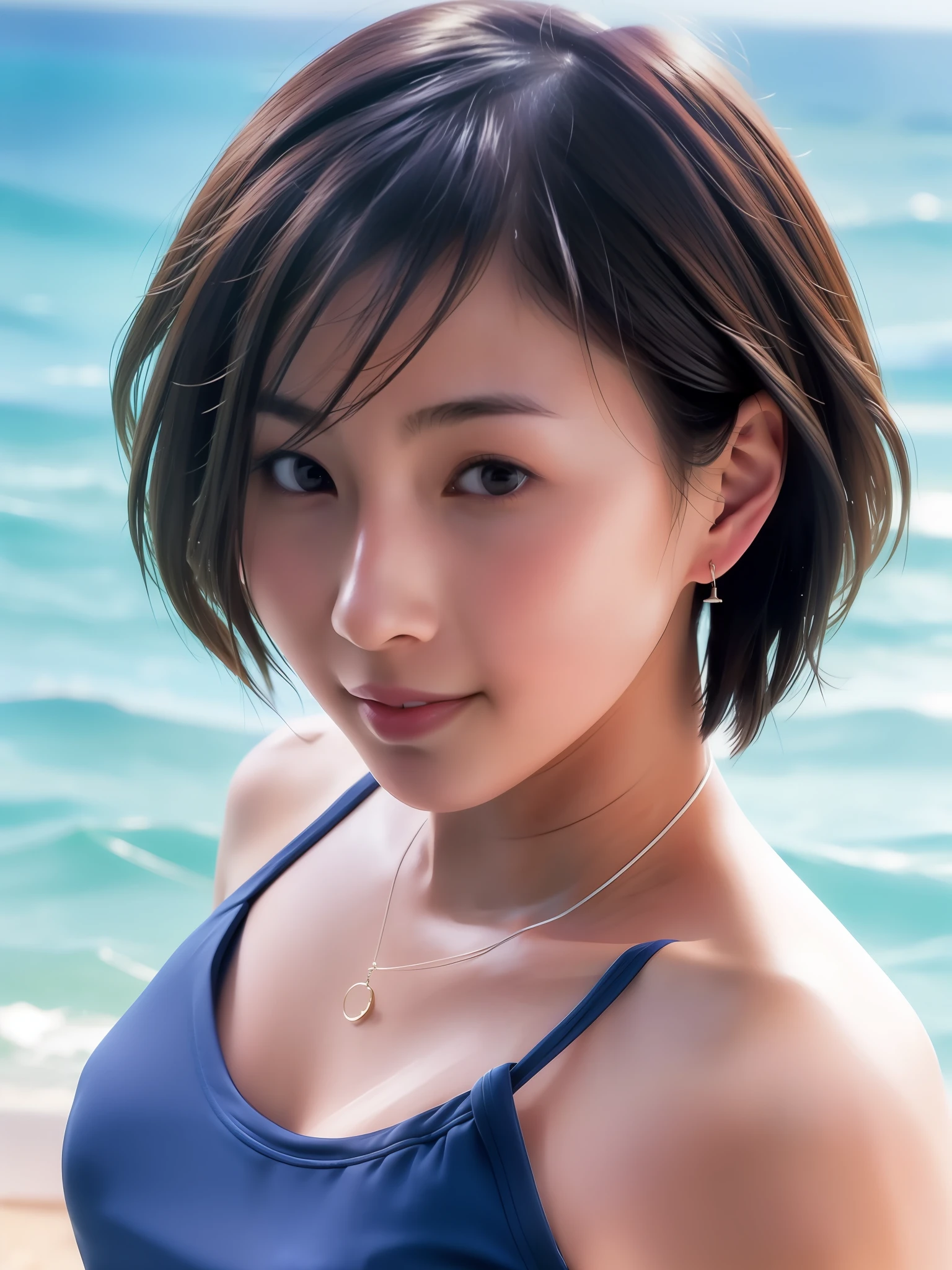 1 girl, Japan person, 35 years old, photorealistic, beautiful and detailed face, viewer, simple background, solo, sea, bikini, small breasts, tank top. sunny, summer vacation, beach, (short hair, wet), smile, movie lighting, movie, Japan drama, (necklace), earrings