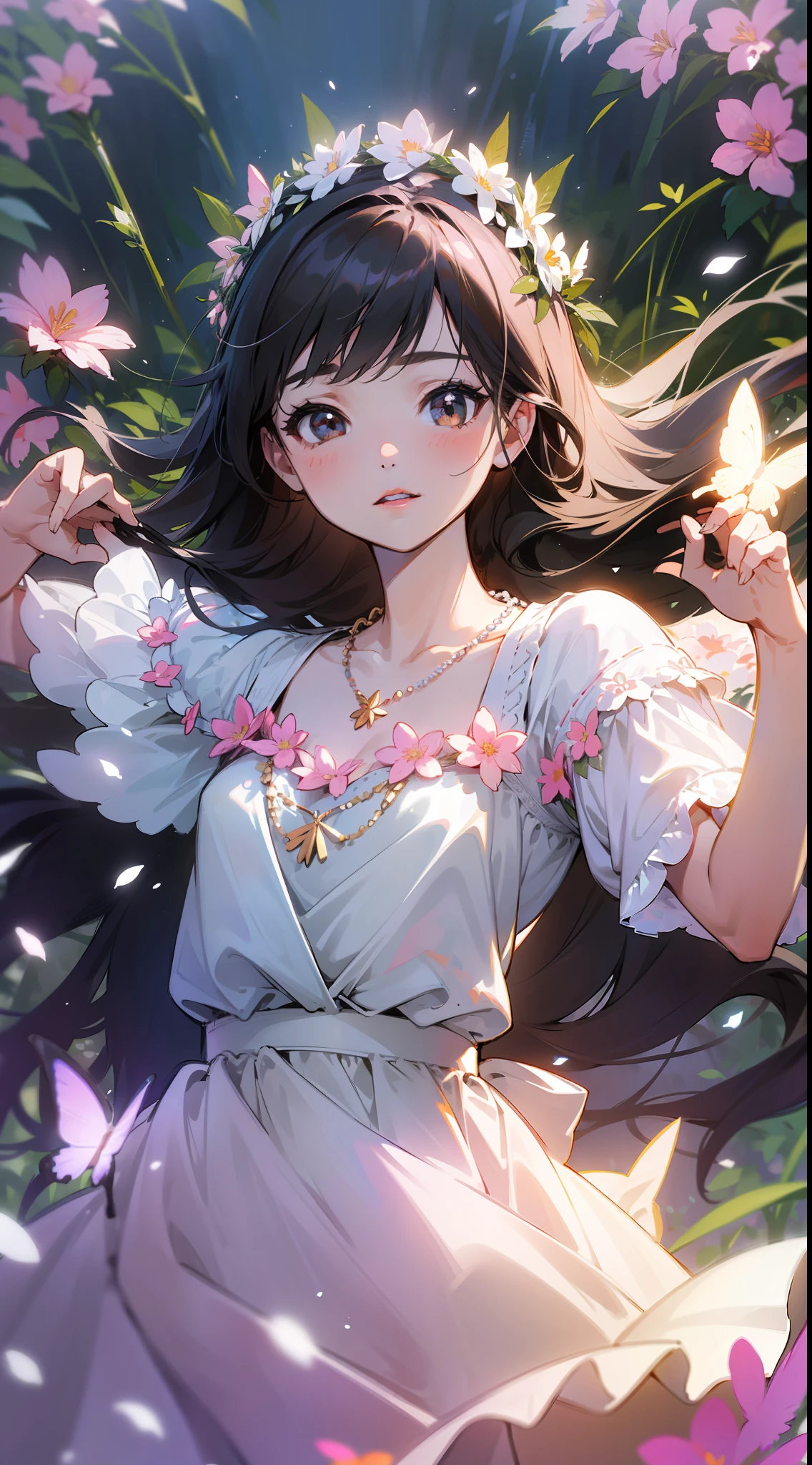 ((SFW)),Masterpiece, High Quality, ((Photoreal)), Cinematic Direction, (High Contrast), Depth of Field, (Award-winning Difference Photo), Face Detail, Detailed Drawing, There is a place in the forest where flowers bloom, Girl dancing in a snow-white summer dress in the flower field, Girl is 9 years old, Black hair very long hair, Summer sky, Summer clouds, (Summer dazzling sunlight: 1.2) , flower garden, open-arms girl, necklace, flower crown, butterfly, fluttering petals, dynamic movement, dance,