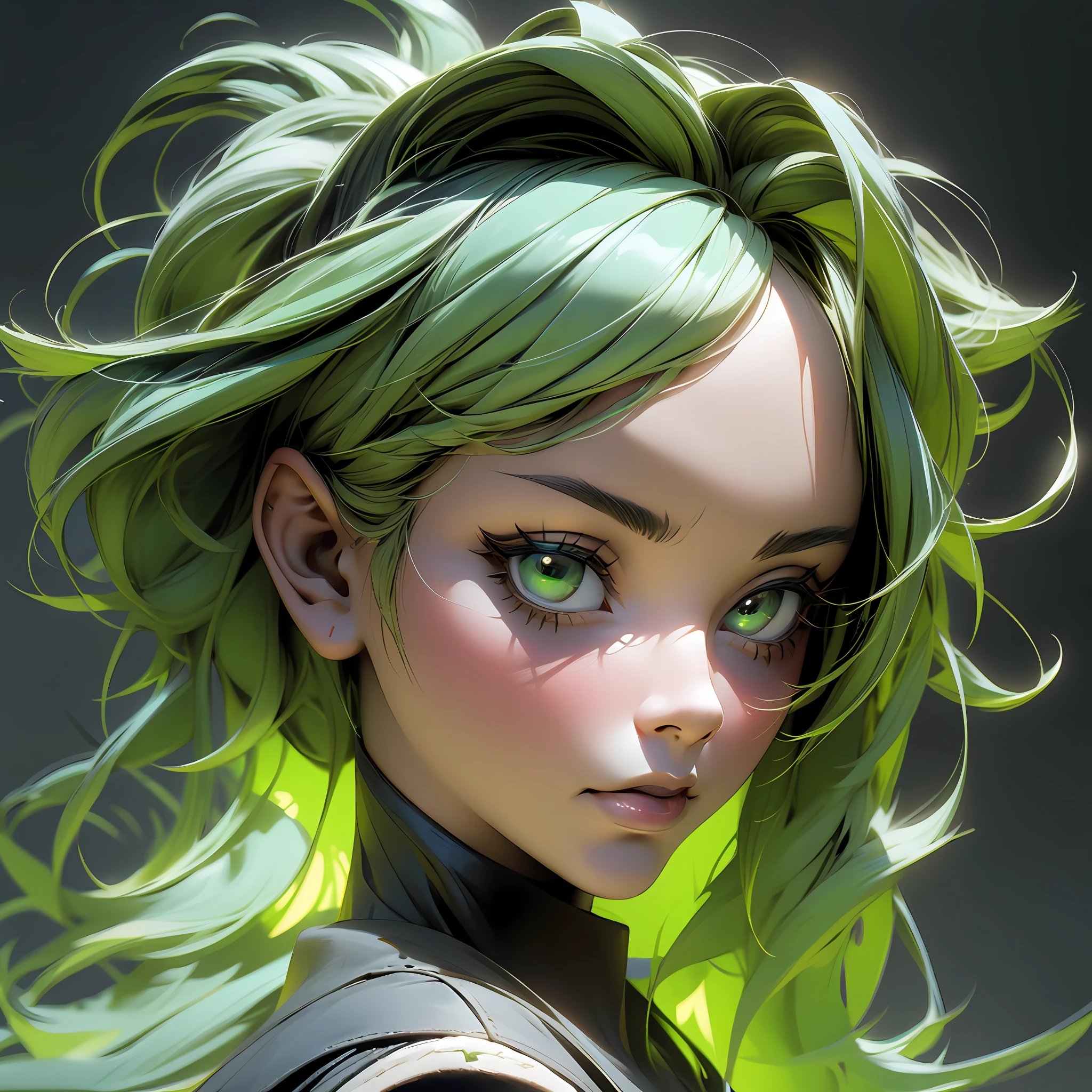 A girl, green hair, black background, close up of characters, 3d, light and shadow