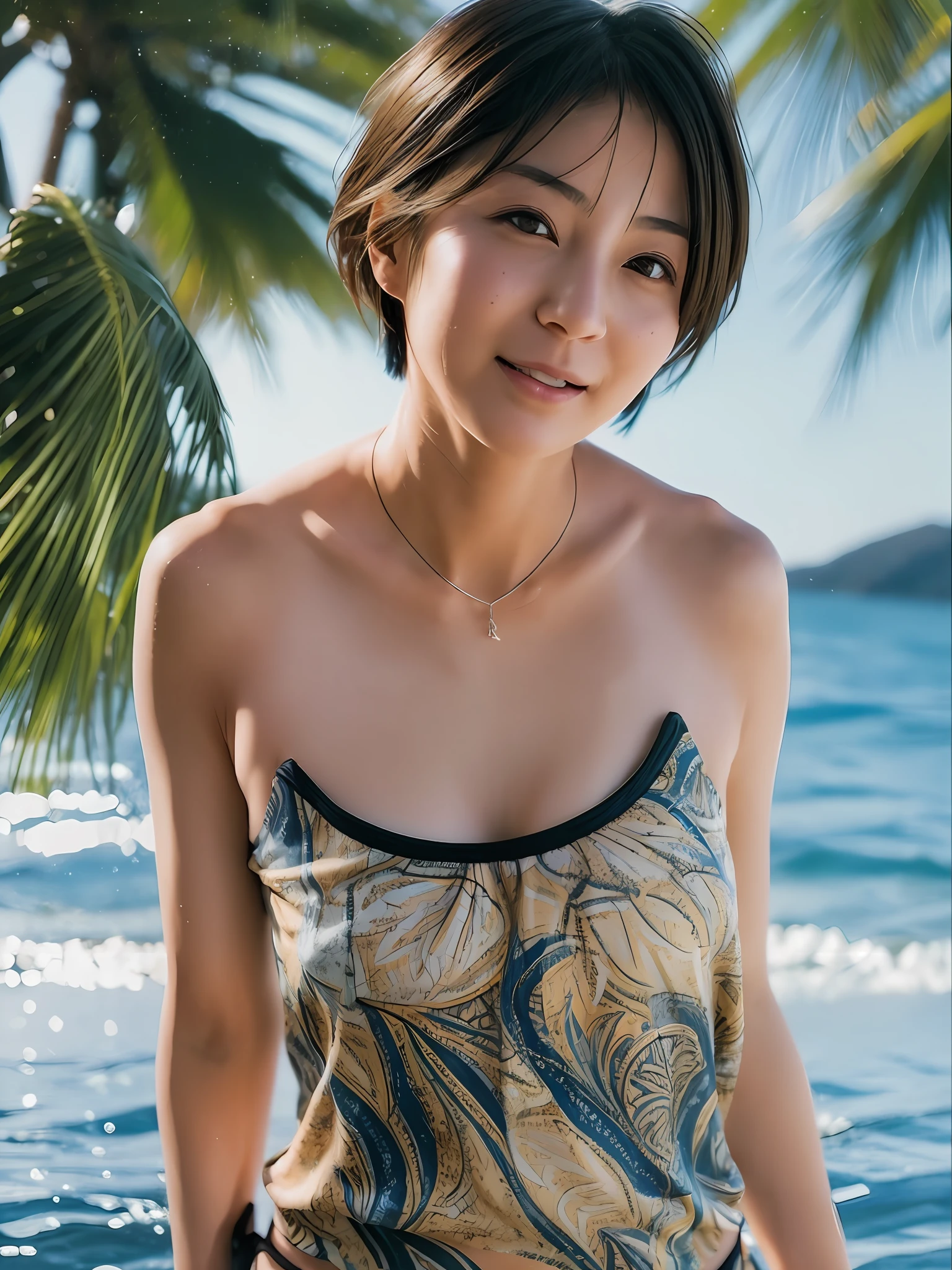 1 名女孩, 日本人, 45岁, 逼真的, 美麗而細緻的臉, 觀眾, 簡單的背景, 獨自的, 海, 比基尼, 小乳房, 背心. 陽光明媚, 暑假, 海灘, (短髮, 濕的), 微笑, 電影 lighting, 電影, 日本連續劇, (項鍊), 耳環