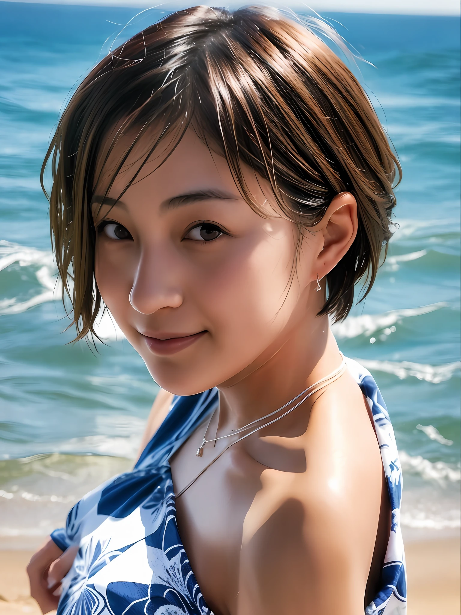 1 girl, Japan person, 45 years old, photorealistic, beautiful and detailed face, viewer, simple background, solo, sea, bikini, small breasts, tank top. sunny, summer vacation, beach, (short hair, wet), smile, movie lighting, movie, Japan drama, (necklace), earrings