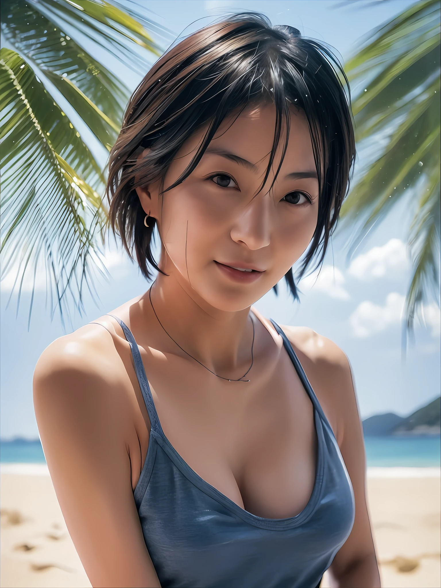 1 Mädchen, Japaner, 45 Jahre alt, fotorealistisch, schönes und detailliertes Gesicht, Zuschauer, einfacher Hintergrund, Allein, Meer, Bikini, kleine Brüste, tank top. sonnig, Sommerurlaub, Strand, (kurzes Haar, wet), lächeln, Film lighting, Film, Japanisches Drama, (Halskette), Ohrringe