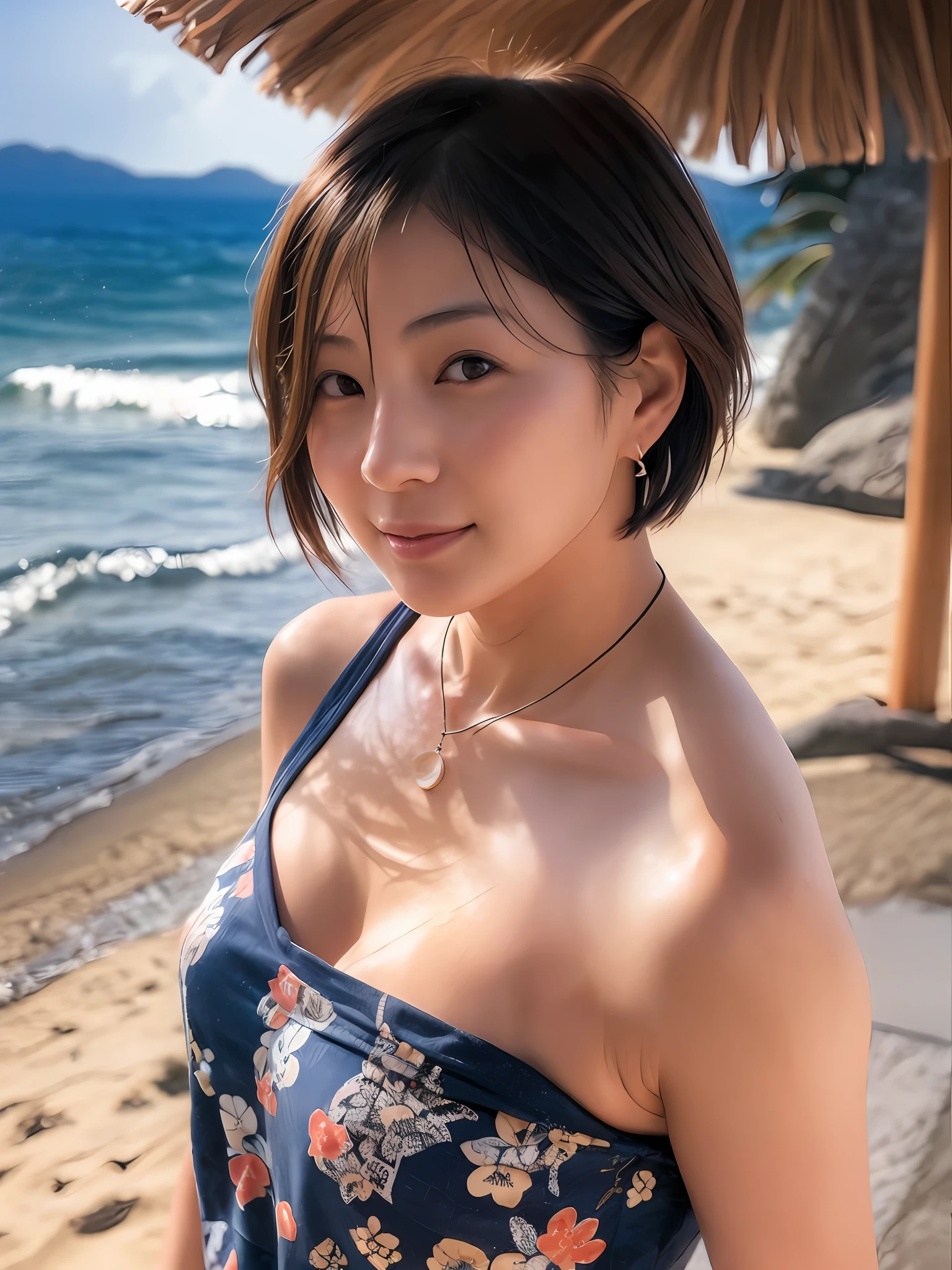 1 girl, Japan person, 45 years old, photorealistic, beautiful and detailed face, viewer, simple background, solo, sea, bikini, small breasts, tank top. sunny, summer vacation, beach, (short hair, wet), smile, movie lighting, movie, Japan drama, (necklace), earrings