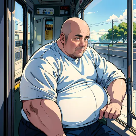 (1 man, bald, obese, middle-aged man, white shirt) sitting on the tram and looking out the window