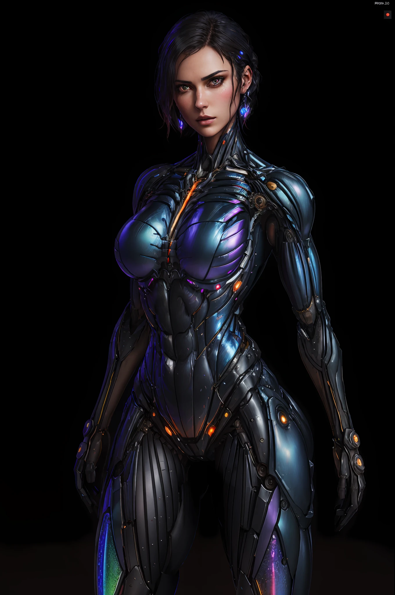 RAW, 1girl, colorful, full body shot, holographic nanosuit, (masterpiece, best quality), (detailed skin:1.3, detailed face:1.3), dslr, realistic, looking at viewer, sharp focus, delicate, soft colors, cinematic lighting, lean girl, large breasts:1.2, dark background, citiscape in the background, bokeh