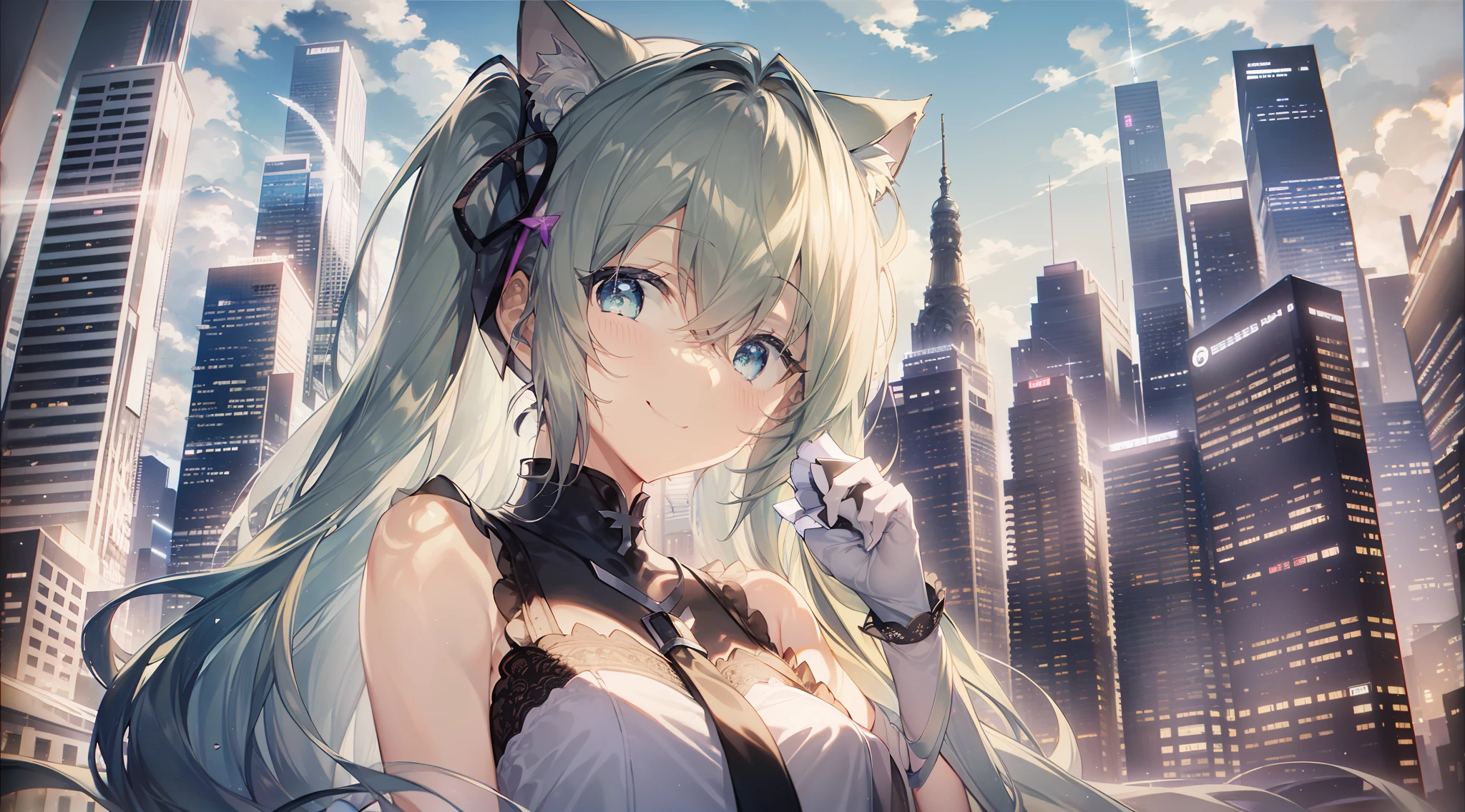 a 1girl、A Masterpiece、Delicate touch、best_quality、(gradation hair)、Twintails、Cat Ears、(aqua eyes)、Beautiful and beautiful eyes、mouth Open、smiling smile、xia、Beautiful natural cityscape、white lace dress、((fulllllbody))