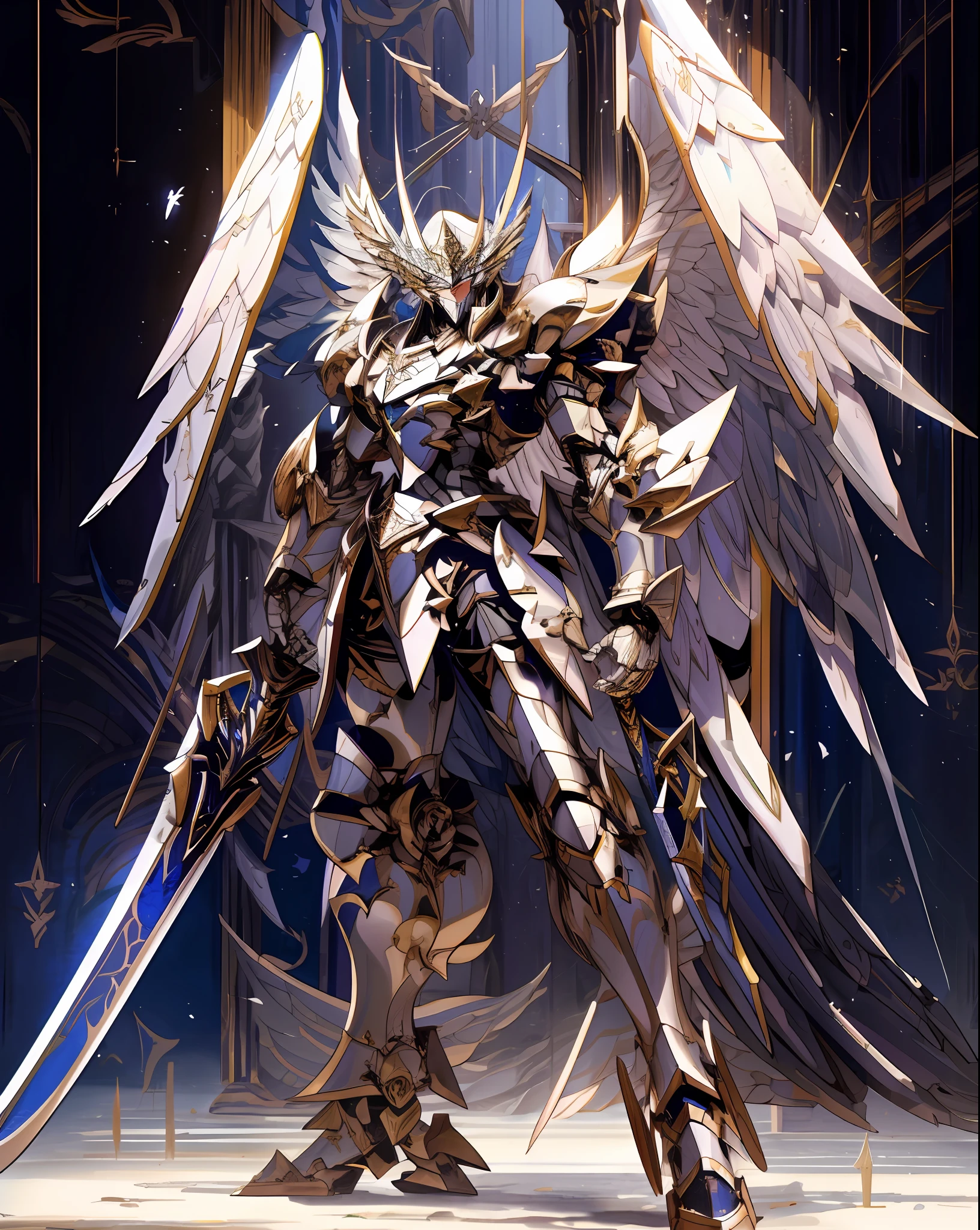 Arad image of a robot with wings and sword, from Ark Night, Armor Angle with Wings, Ark Night, glossy white armor, Archangel, Alexander Fira white mech, Raymond Swanland style, white armor, albedo of anime overlord, gunnier, detailed white armor, mecha wings