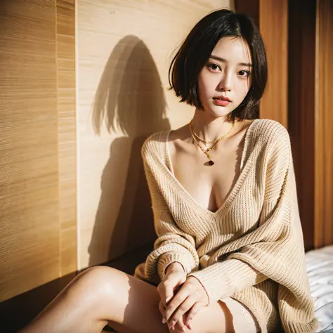 One woman,Asian woman in alla-fed wearing necklace and sweater, short hair,