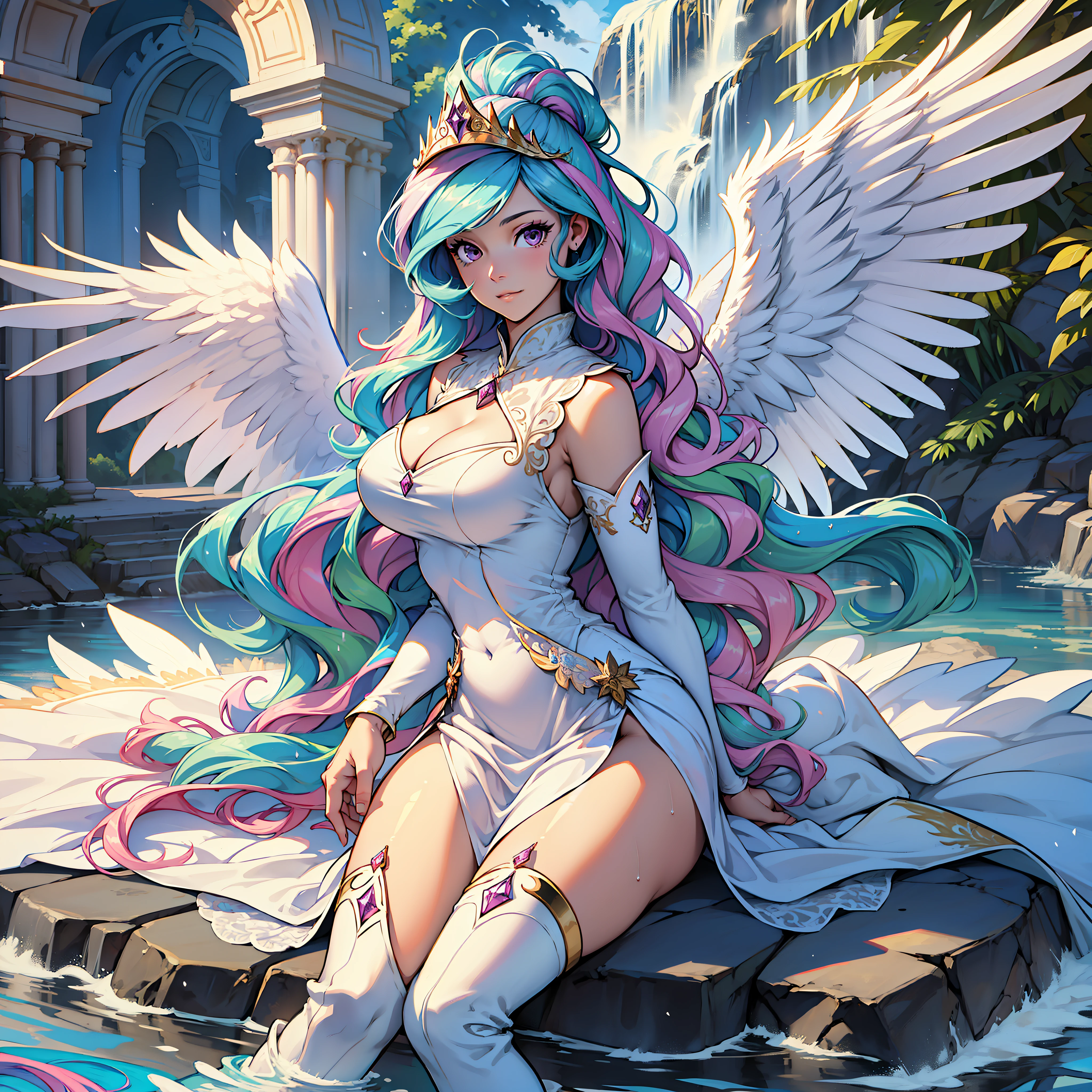 Celestiahuman, Princess Celestia from my little pony, Princess Celestia in the form of a girl, big breasts, lush breasts, voluminous breasts, elastic breasts, you can see the whole body, shin, heels, feet, five fingers, detailed hands, Big white angel wings behind the back, white feathers, thin lace white dress, the dress is wet, translucent, stands against the background of the palace, stands straight, white knee-high boots, palace in the mountain,  waterfall from the palace, dawn, white feathers flying, palace far away