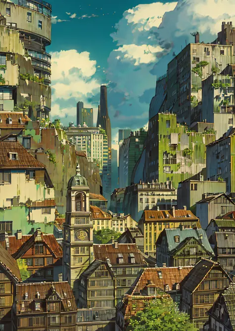 A 25-year-old couple sits on a disused high-rise overlooking a modern skyscraper city, skyscrapers, capturing the essence of romance and urban decay, embraced by the resilience of nature. Scenes depicting lush green vegetation climbing gracefully and inter...