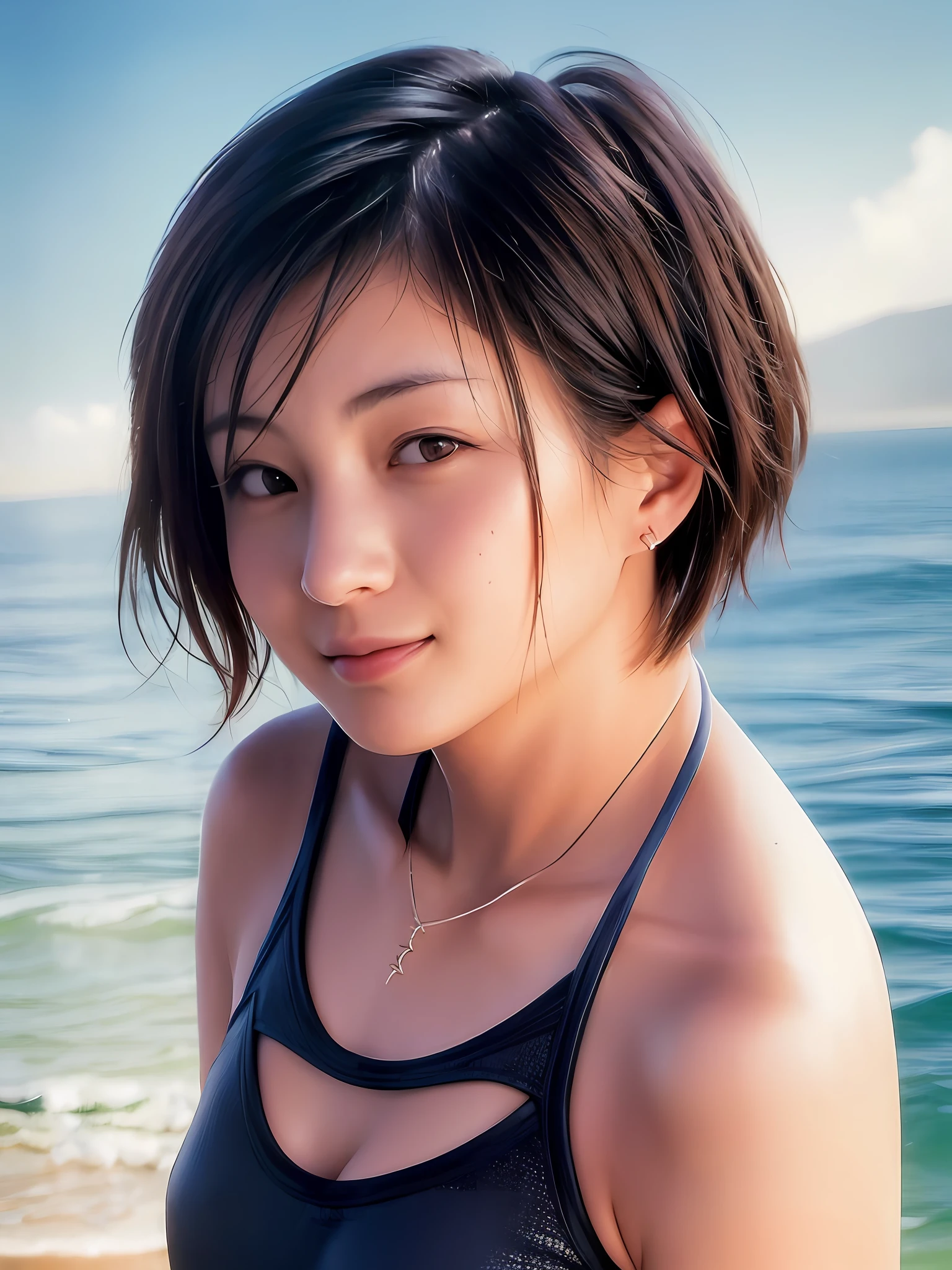 1 girl, Japan person, 45 years old, photorealistic, beautiful and detailed face, viewer, simple background, solo, sea, bikini, small breasts, tank top. sunny, summer vacation, beach, (short hair, wet), smile, movie lighting, movie, Japan drama, (necklace), earrings