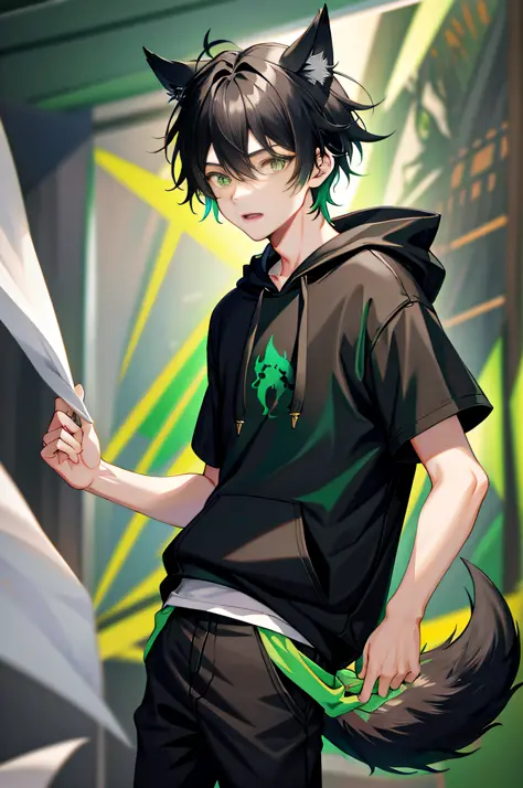 1 boy, black hair, green eyes, wolf ears, wolf tail, androgynous, black pants, forest, vibrant, hd, best quality, black hoodie w...