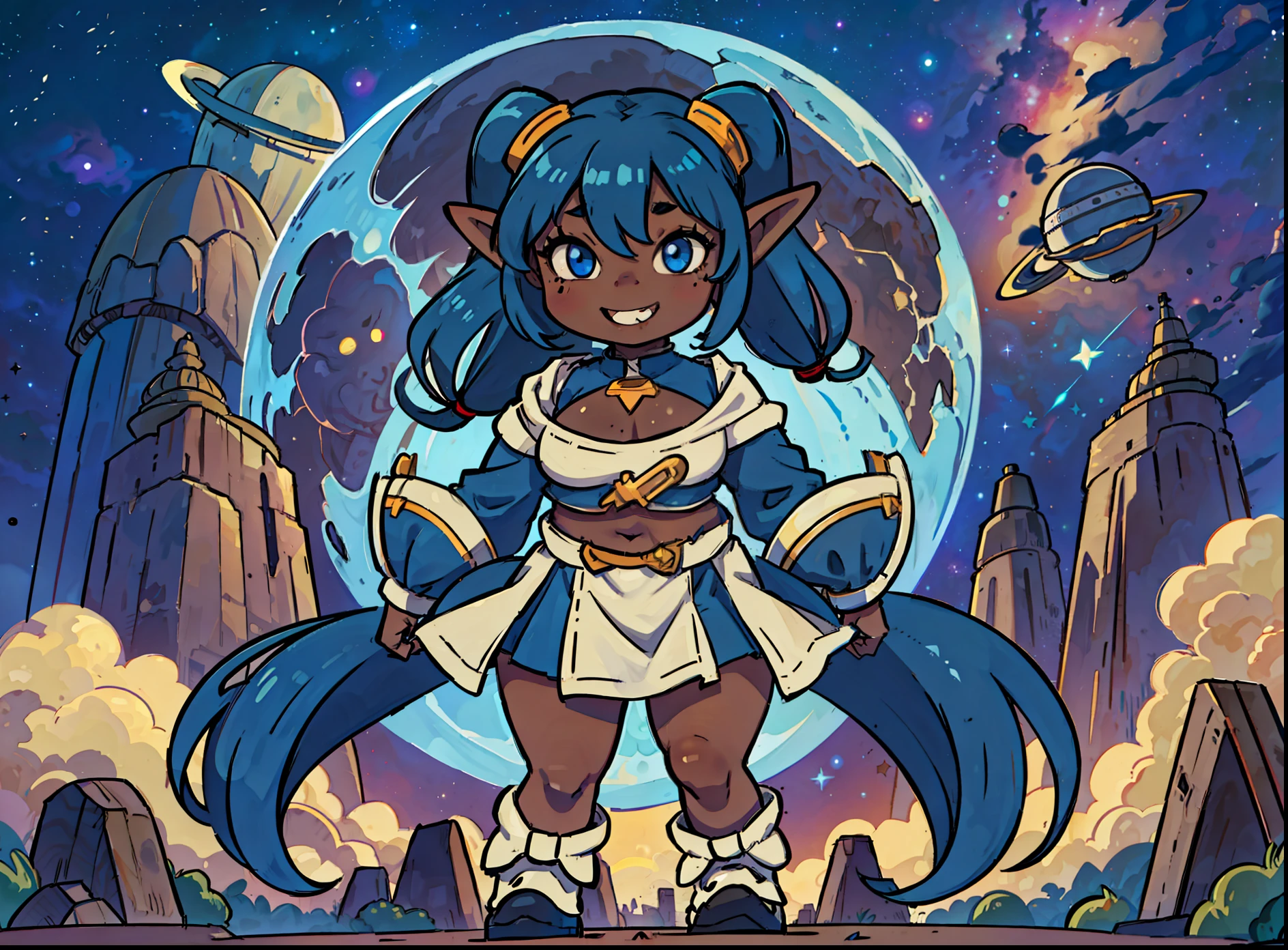 goblin girl, blue hair, very long hair, dark_ skin, dark skin goblin, very dark skin girl natural huge breasts, hair between eyes, twintails, chubby, chubby girl, chubby girl goblin, wide hips, blue eyes, mole, mole on chest, age up, lips, big lips, thick eyebrows, body with fur, tusk, short girl, short goblin girl twintails, short girl, highly detailed, high quality, best quality, 8k, full body, fat, fat girl, smile, space, universe, galaxy, star, planet, astronomy, cosmic rays, supernova, deep space, celestial body, cosmic dress, sexu girl, top,