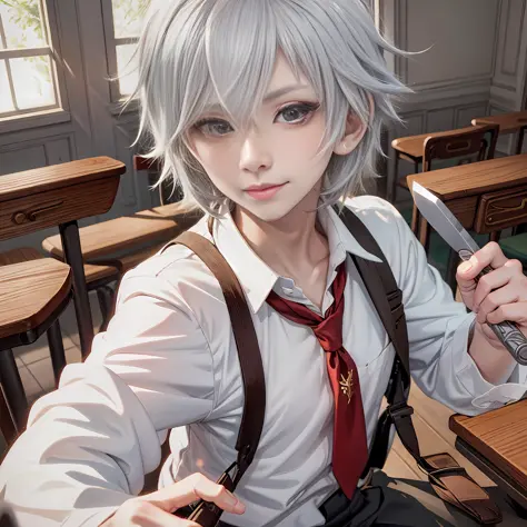 White-haired anime boy in classroom holding a sharp object in his hand and pointing forward