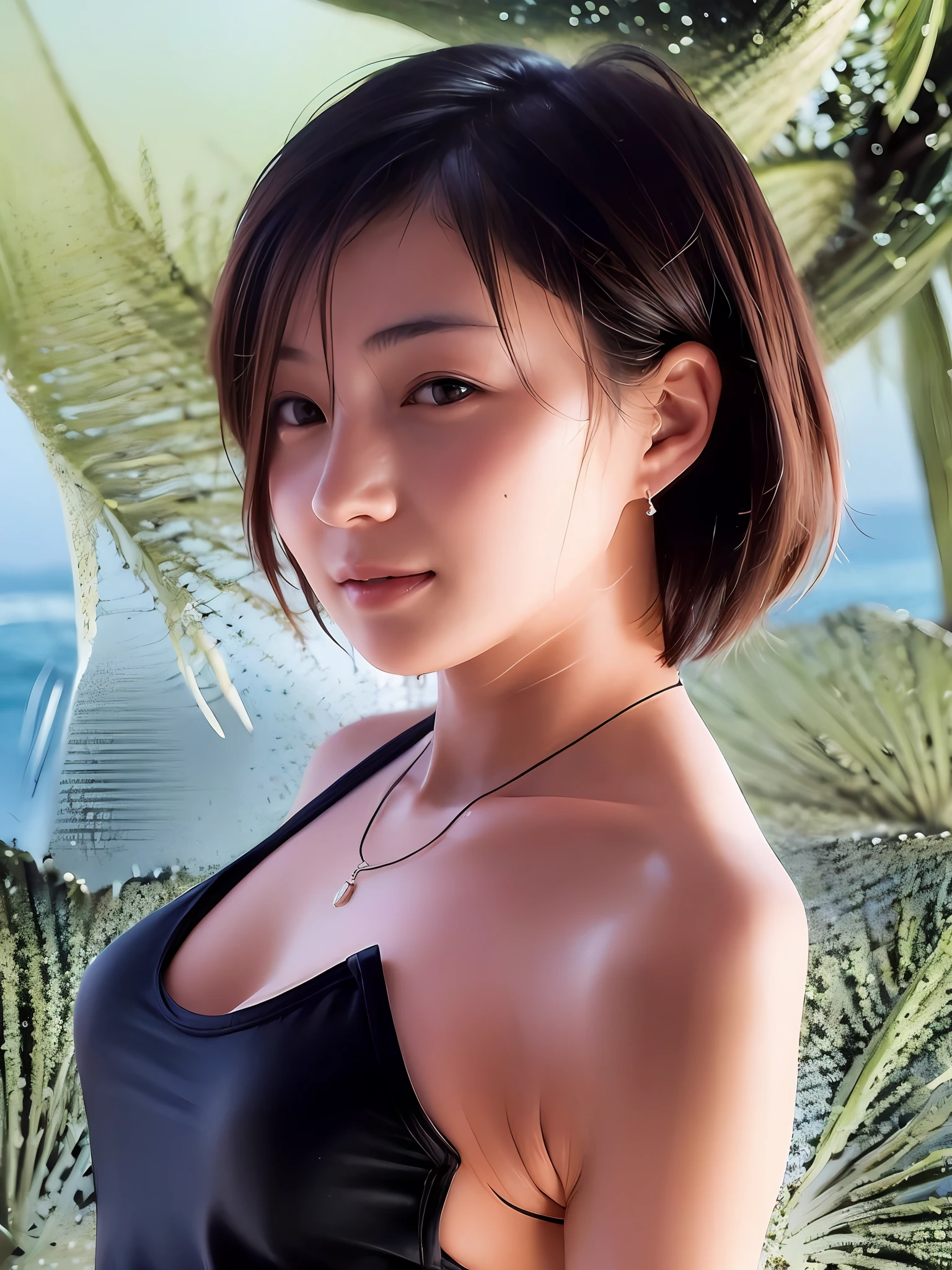 1 girl, Japan person, 45 years old, photorealistic, beautiful and detailed face, viewer, simple background, solo, sea, bikini, small breasts, tank top. sunny, summer vacation, beach, (short hair, wet), smile, movie lighting, movie, Japan drama, (necklace), earrings