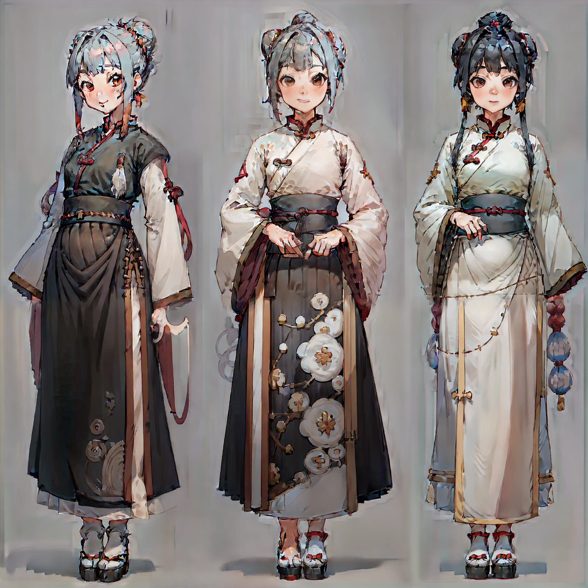 white background, hanfu, traditional chinese clothing, cloth shoes, a girl, multicolored hair, multicolored hair, black hair, hair behind the ears, bun, cross bangs, kan tashi, star pupils, gradient eyes, smile, ghibli-like colors, anime style, mixed, character diagram, reference table, multiple views, three views, anatomically correct, ccurate, masterpiece, UHD, super detail, high detail, high quality, best quality, high resolution, 8K --auto --s2