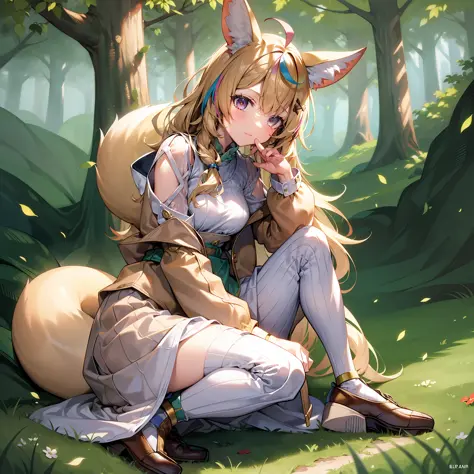 ((masterpiece)), (best quality), solo, op1, animal ears, fox tail, striped hair, brown jacket, white shirt, long sleeves, long s...