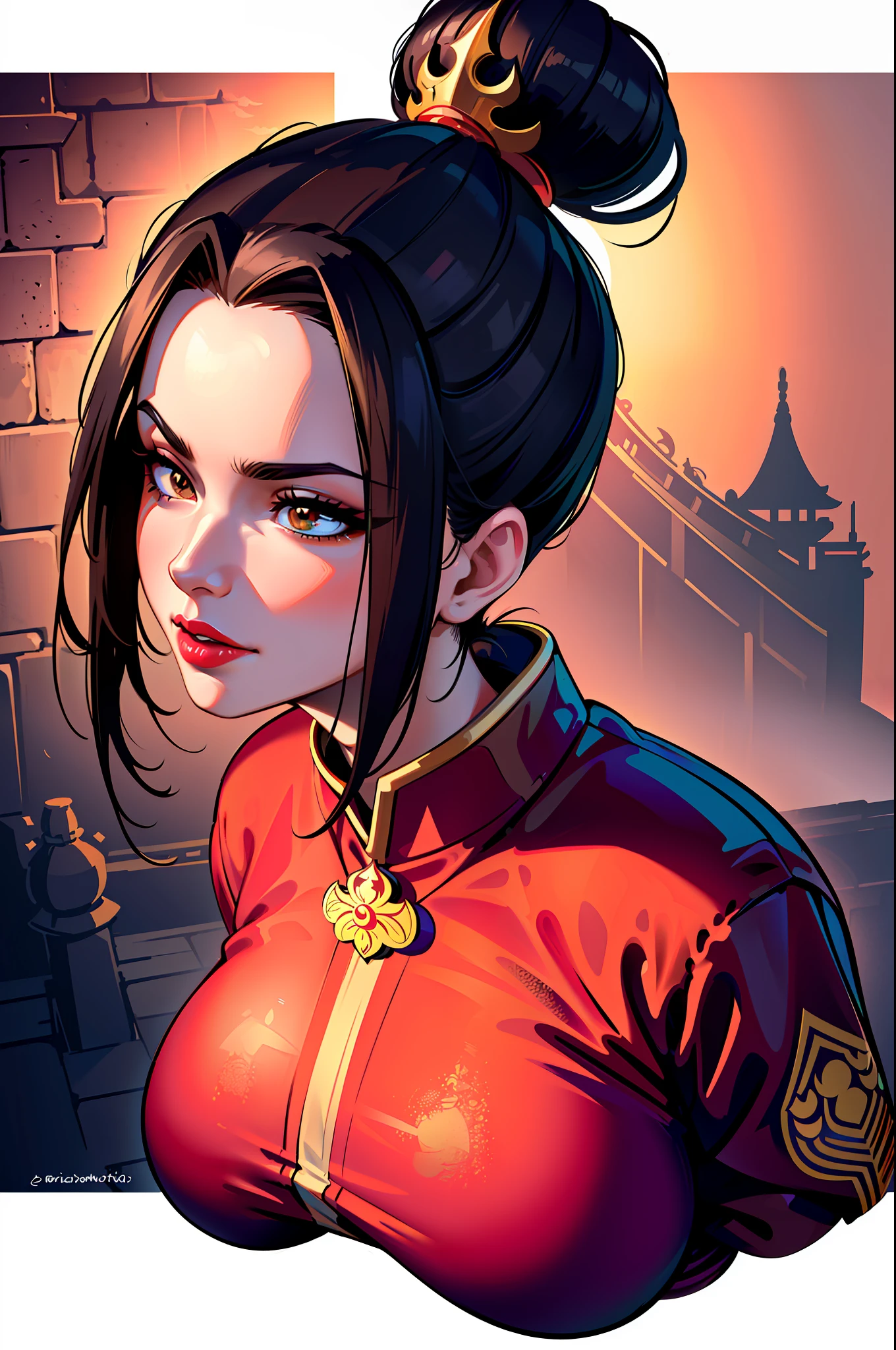 ultra-realistic 8k CG, masterpiece, ((ultra detailed background, fine drawing, intricate details, high detail, better quality fine details, hyper-detailed face)), (photorealistic: 1.4), beautiful lighting, absurdity, RAW photo, film grain, Azula, 1girl, solo, black hair, brown eyes, makeup, lipstick, red lips, single hair bun, navel, side strands, hair decoration, ((big breasts, slim girl)), ((open kimono,  Chinese clothing)), ((intricately detailed background, inside, dim lighting, moody lighting, inside the castle, castle wall, inside, medieval castle environment)), ((close-up, portrait)),