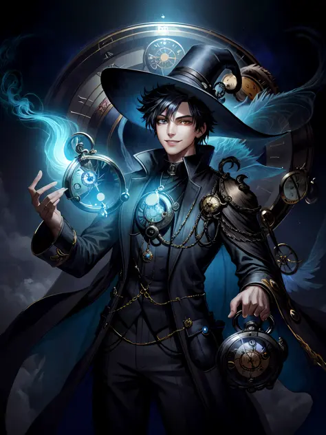 A stunning digital artwork in the 2.5D style brings to life the mysterious and enchanting theme of a young man in his early 20s. He is dressed in black mage clothes, complete with a pointed hat, exuding an aura of mystique. With a playful smile on his lips...