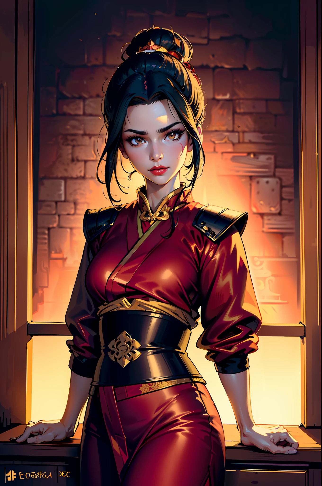 ultra-realistic 8k CG, masterpiece, ((ultra detailed background, fine drawing, intricate details, high detail, better quality fine details, hyper-detailed face)), (photorealistic: 1.4), beautiful lighting, absurdity, RAW photo, film grain, Azula, 1girl, solo, black hair, brown eyes, makeup, lipstick, red lips, single hair bun, navel, side strands, hair decoration, ((medium breasts, slim girl)), ((open kimono,  Chinese clothing)), ((intricately detailed background, inside, dim lighting, moody lighting, inside the castle, castle wall, inside, medieval castle environment))