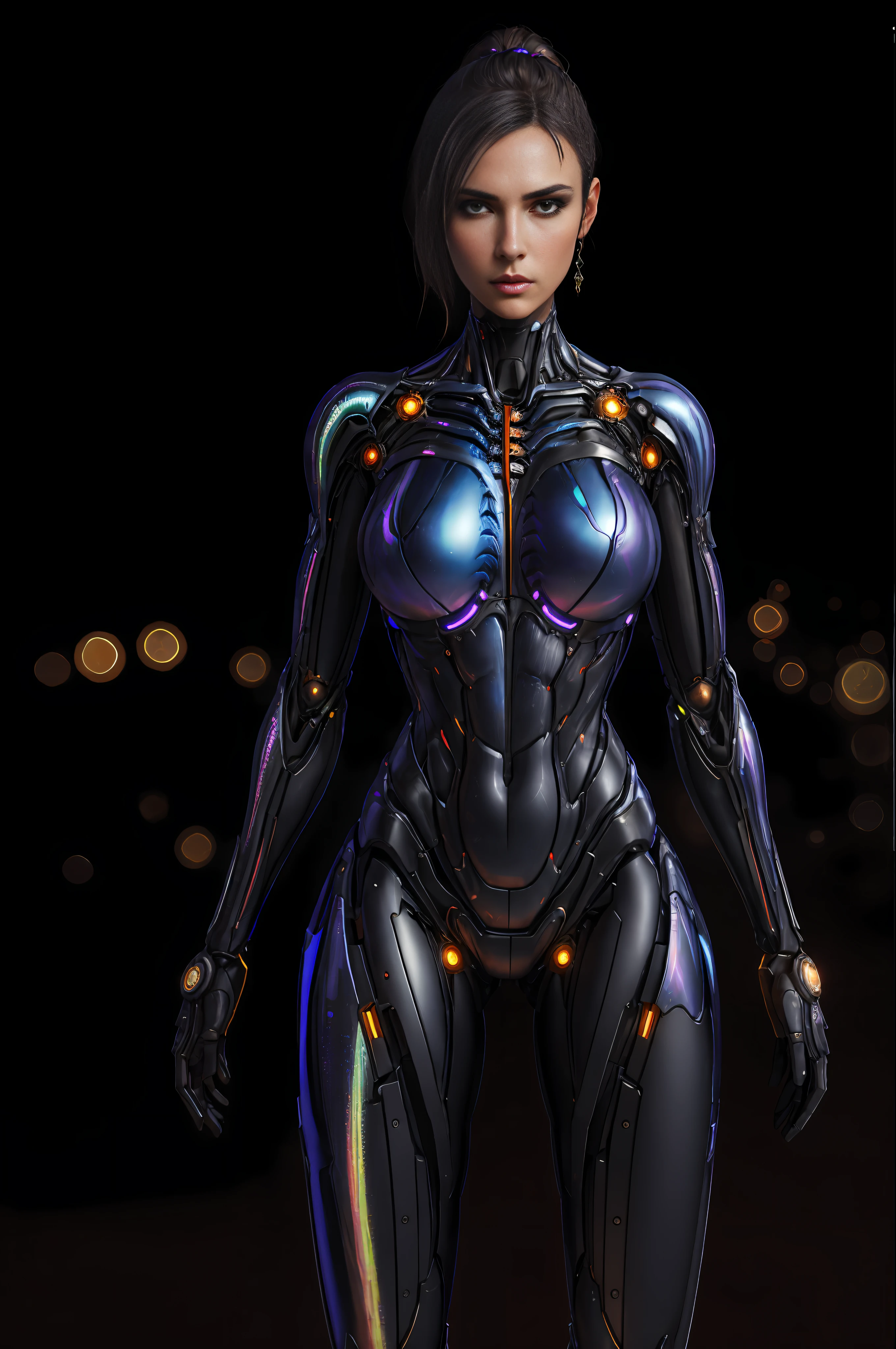 RAW, 1girl, colorful, full body shot, holographic nanosuit, (masterpiece, best quality), (detailed skin:1.3, detailed face:1.3), dslr, realistic, looking at viewer, sharp focus, delicate, soft colors, cinematic lighting, lean girl, large breasts:1.4, dark background, citiscape in the background, bokeh