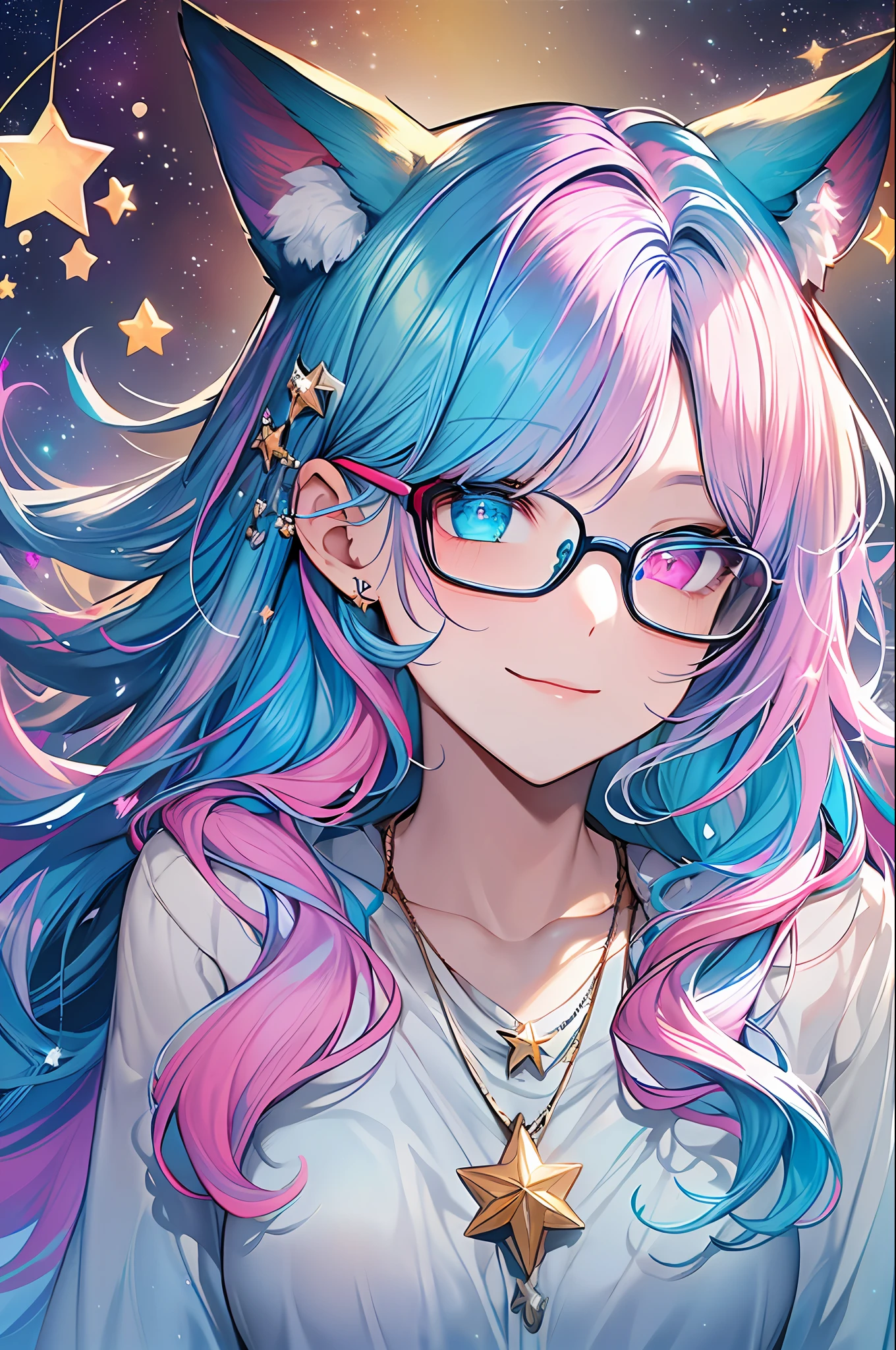 (Masterpiece, Highest Quality, Best Quality, Watercolor Art (Pendant), Official Art, Beautiful and Aesthetic, (1.3), (1 Girl: 1.3), (Fractal Art: 1.3), Full Body, Star-shaped Pupil, , Pattern, ((iridescent hair, colorful hair, half blue and half pink hair: 1.2)), Aqua, Liquid, Cloud, Colorful, Starry Night, Star, Smile, Glasses, Writing, Heterochromia, (Colorful: 1.5), galaxy, looking up at the stars, (beast ear)