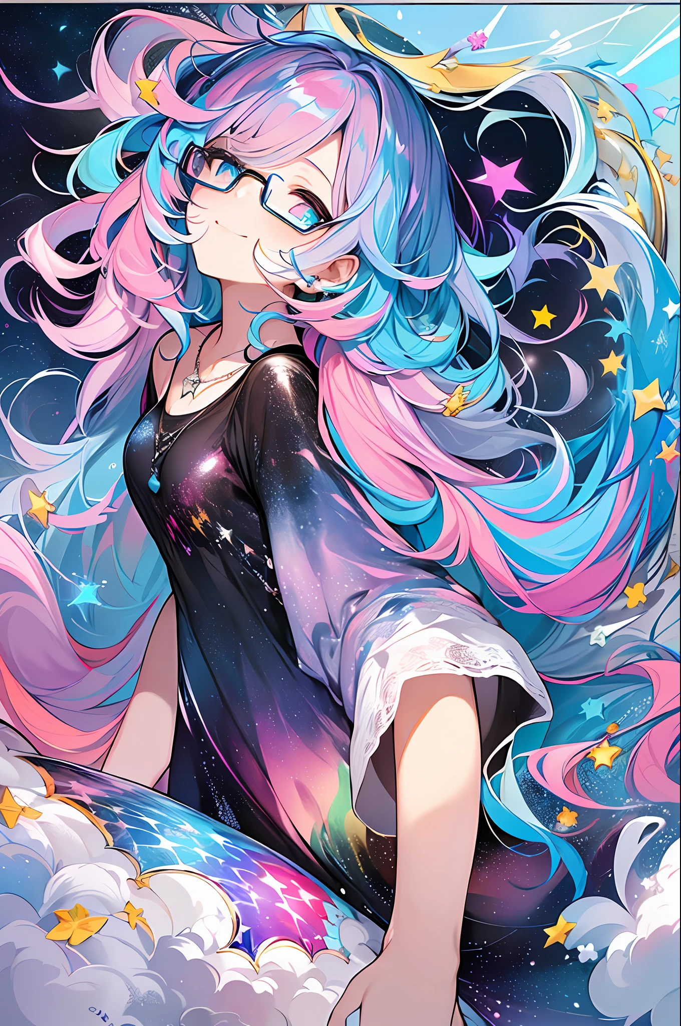 (Masterpiece, Highest Quality, Best Quality, Watercolor Art (Pendant), Official Art, Beautiful and Aesthetic, (1.3), (1 Girl: 1.3), (Fractal Art: 1.3), Full Body, Star-shaped Pupil, , Pattern, ((iridescent hair, colorful hair, half blue and half pink hair: 1.2)), Aqua, Liquid, Cloud, Colorful, Starry Night, Star, Smile, Glasses, Writing, Heterochromia, (Colorful: 1.5), galaxy, looking up at the stars, (beast ear)