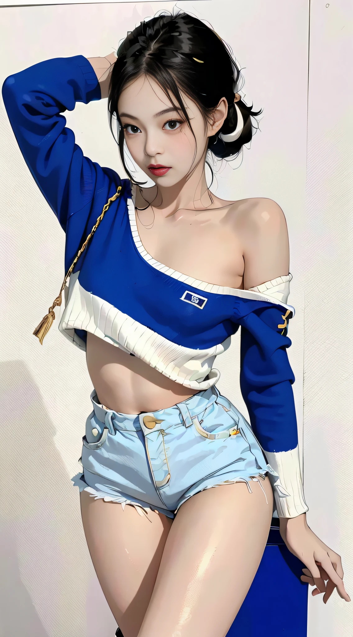 A close up of a woman in a blue and white top and shorts - SeaArt AI