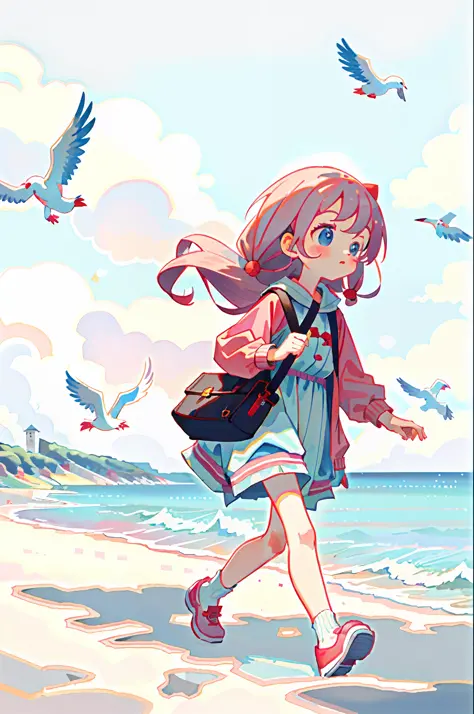 1 Girl, carrying a pink bag, walking by the sea, seagulls fall on the girl's hands, feeding seagulls