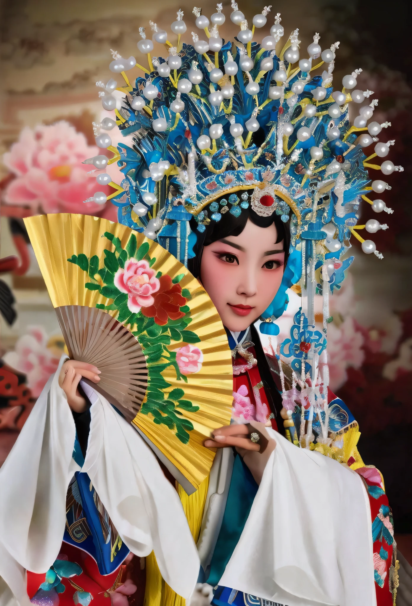 Close-up of a woman in traditional Chinese costume holding a fan, Peking Opera, Chinese Chinese Traditional, Chinese Empress, Correct Performance Gestures, Conforming to Anatomy, Peking Opera Empress Face 1.5, Chinese Costume, Chinese Princess, Inspired by Li Meishu, Chinese Tradition, Inspired by Lan Ying, Ancient Chinese Beauty, Chinese Art, Chinese Traditional Costume, Chinese Traditional Art, Inspired by Xie Huan, Inspired by Puhua