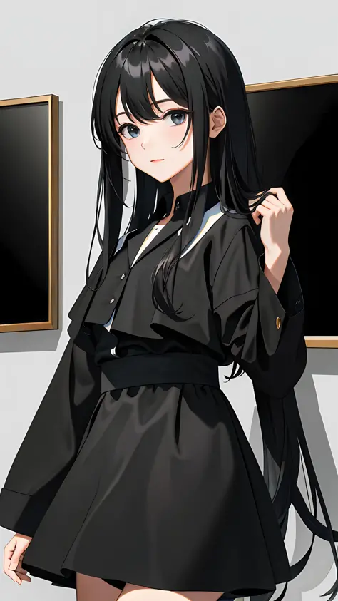 A black-haired girl with black eyes, wearing a white suit and a black  cloak, is standing at the doorway. She has a ponytail and long hair flowing  down her back. She completes