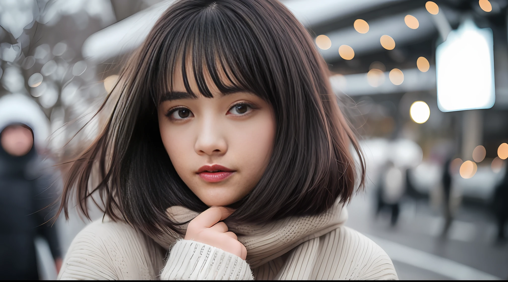 Stunning close-up portrait of a young and beautiful woman with RAW, analog style and impressive features. She should have long, flowing hair, a seductive gaze, and an attractive look. The background is neutral and simple, allowing the woman to be the focal point of the image. Pay attention to details, such as highlights and shadows on her face and hair, to create realistic and realistic images. Experiment with different lighting techniques to enhance the mood and atmosphere of your portrait. The final product should be a masterpiece that captures the essence and beauty of a woman ((very detailed skin, skin details)), Sharp Focus, Volumetric Fog, 8K, UHD, DSLR, High Quality, Film Grain, Fujifilm XT3, Long Sleeve Dress, Wool Dress, Dark Blue Floret Dress, Wearing a Woolen Coat, Short-Cut Hair, Tousled Hair, wind, winter amusement park, winter, cold look, dusk, warm colored lights, illumination, crowded, dark, lonely, alone