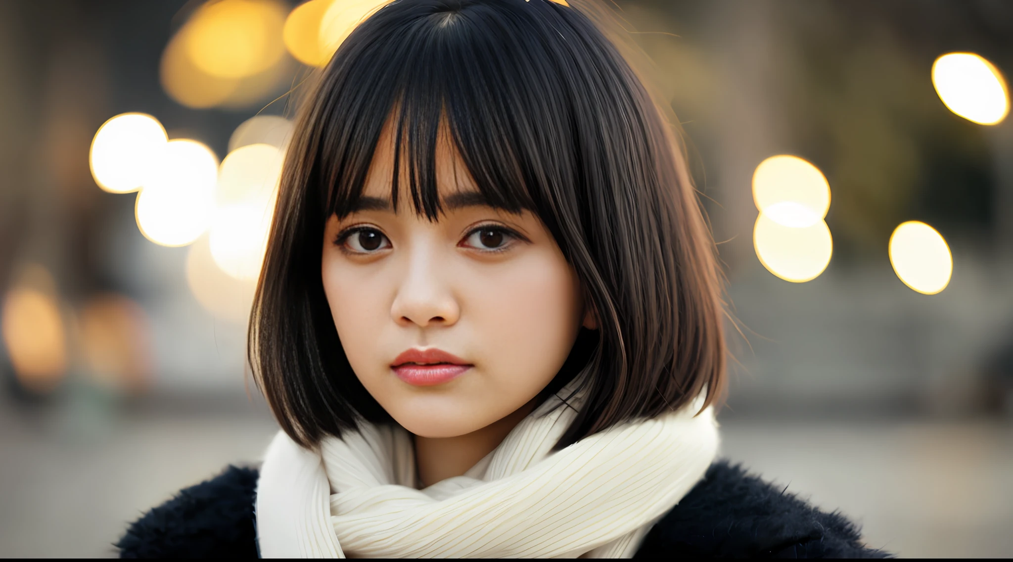 Stunning close-up portrait of a young and beautiful woman with RAW, analog style and impressive features. She should have long, flowing hair, a seductive gaze, and an attractive look. The background is neutral and simple, allowing the woman to be the focal point of the image. Pay attention to details, such as highlights and shadows on her face and hair, to create realistic and realistic images. Experiment with different lighting techniques to enhance the mood and atmosphere of your portrait. The final product should be a masterpiece that captures the essence and beauty of a woman ((very detailed skin, skin details)), Sharp Focus, Volumetric Fog, 8K, UHD, DSLR, High Quality, Film Grain, Fujifilm XT3, Long Sleeve Dress, Wool Dress, Dark Blue Floret Dress, Wearing a Woolen Coat, Short-Cut Hair, Tousled Hair, wind, antique street corner, north wind, dead leaves, fallen leaves, fallen leaves fluttering in the wind, cold, cold, street corner crowded with Christmas decorations, girl alone with a lonely expression, lights, orange city lights, warm lights, Christmas lights, blurred lights, sad expression, tears in the eyes, a ray of tears,