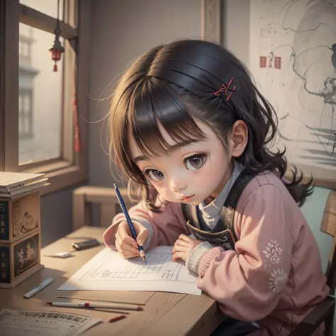 Little girl drawing at desk in China Quiet night --auto --s2