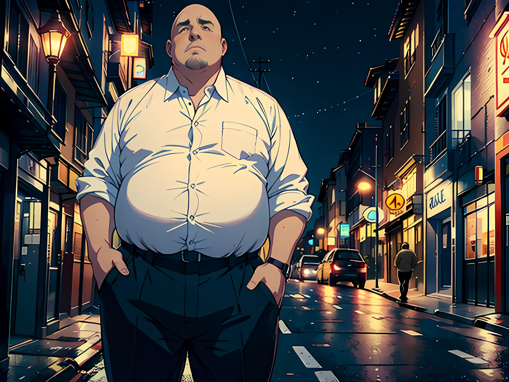 1 man, bald, obese, middle-aged man, white shirt, standing on the street, looking up at the sky, night, dim street lamp