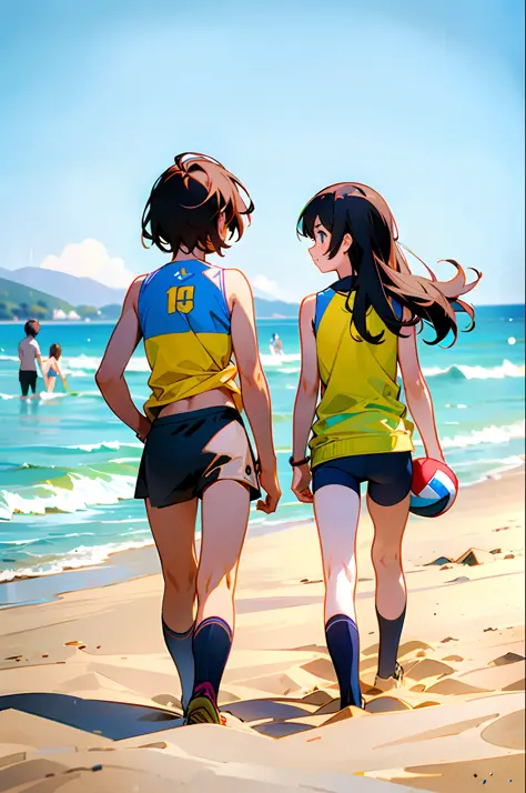 Two women and one boy were walking by the beach, and two girls were talking. There are 3 kids playing beach volleyball in front